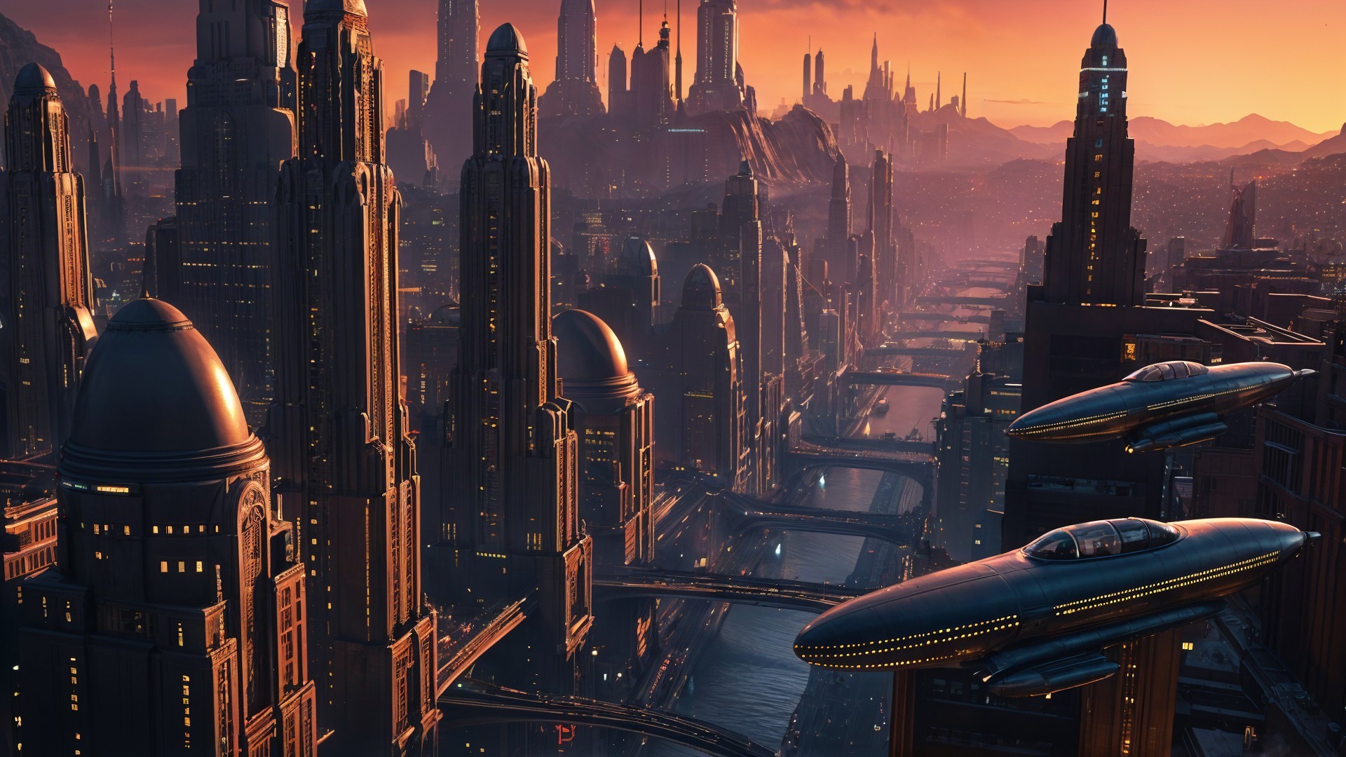 Futuristic cityscape with sunset and flying vehicles