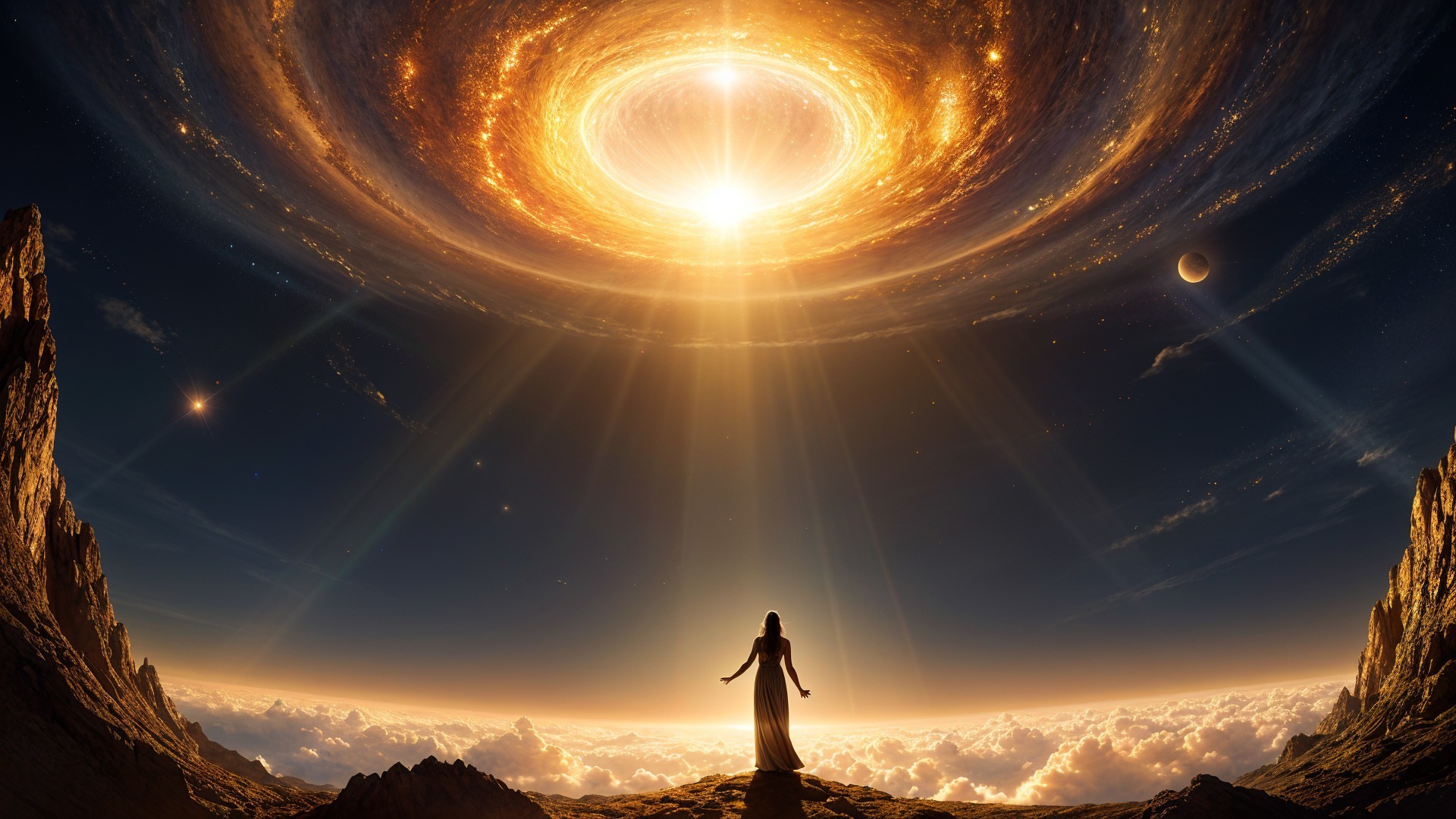 Mystical Figure Gazing at Radiant Cosmic Vortex