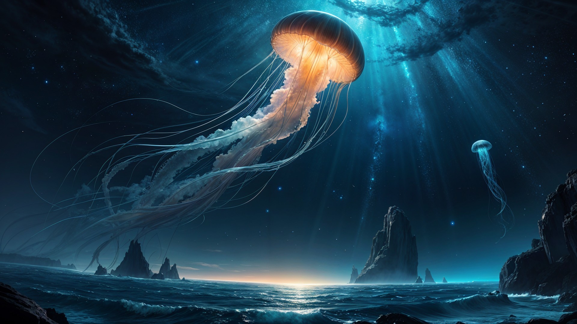 Mystical Underwater Scene with Glowing Jellyfish