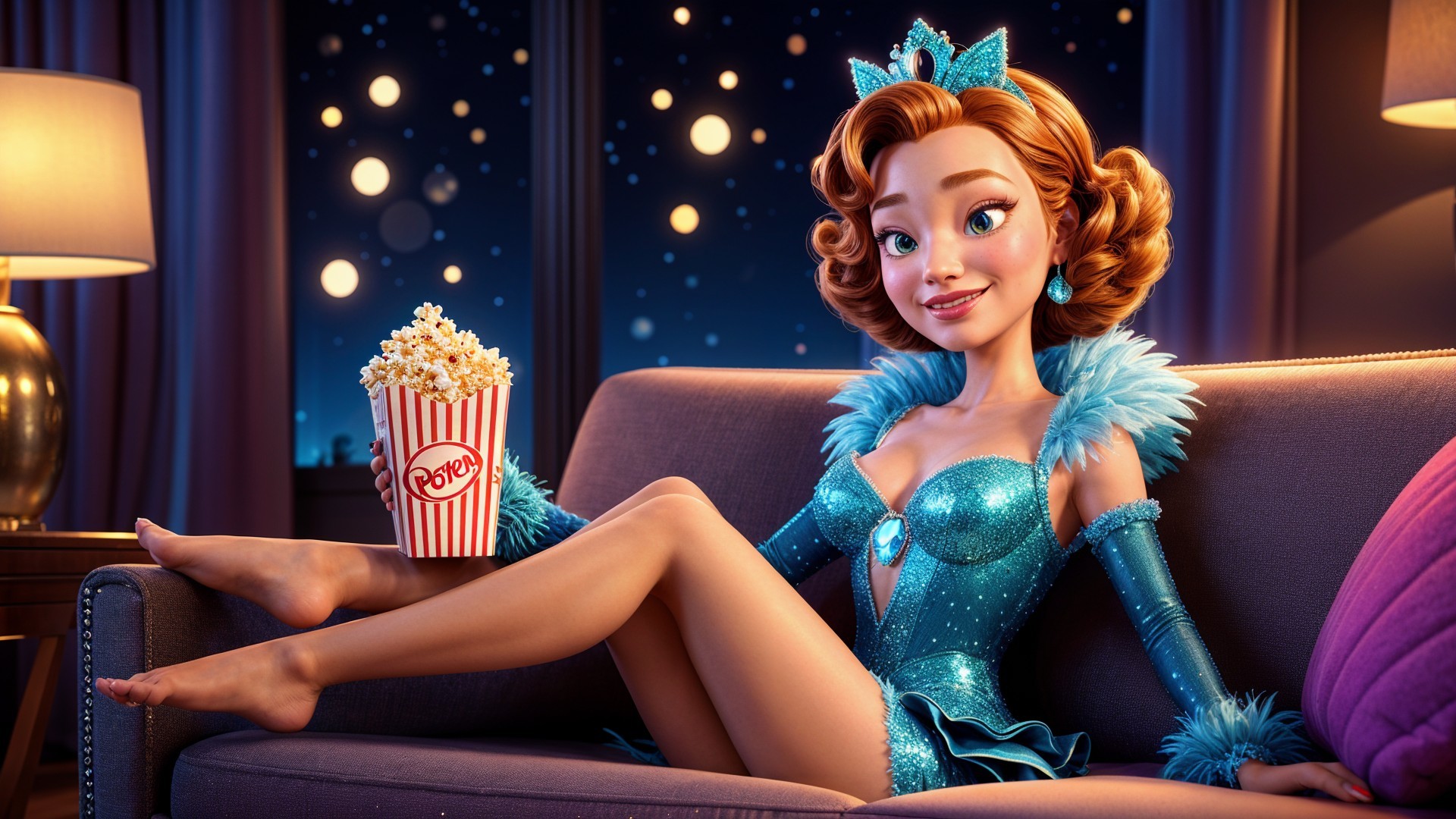 Animated Character on Sofa with Popcorn and Stars