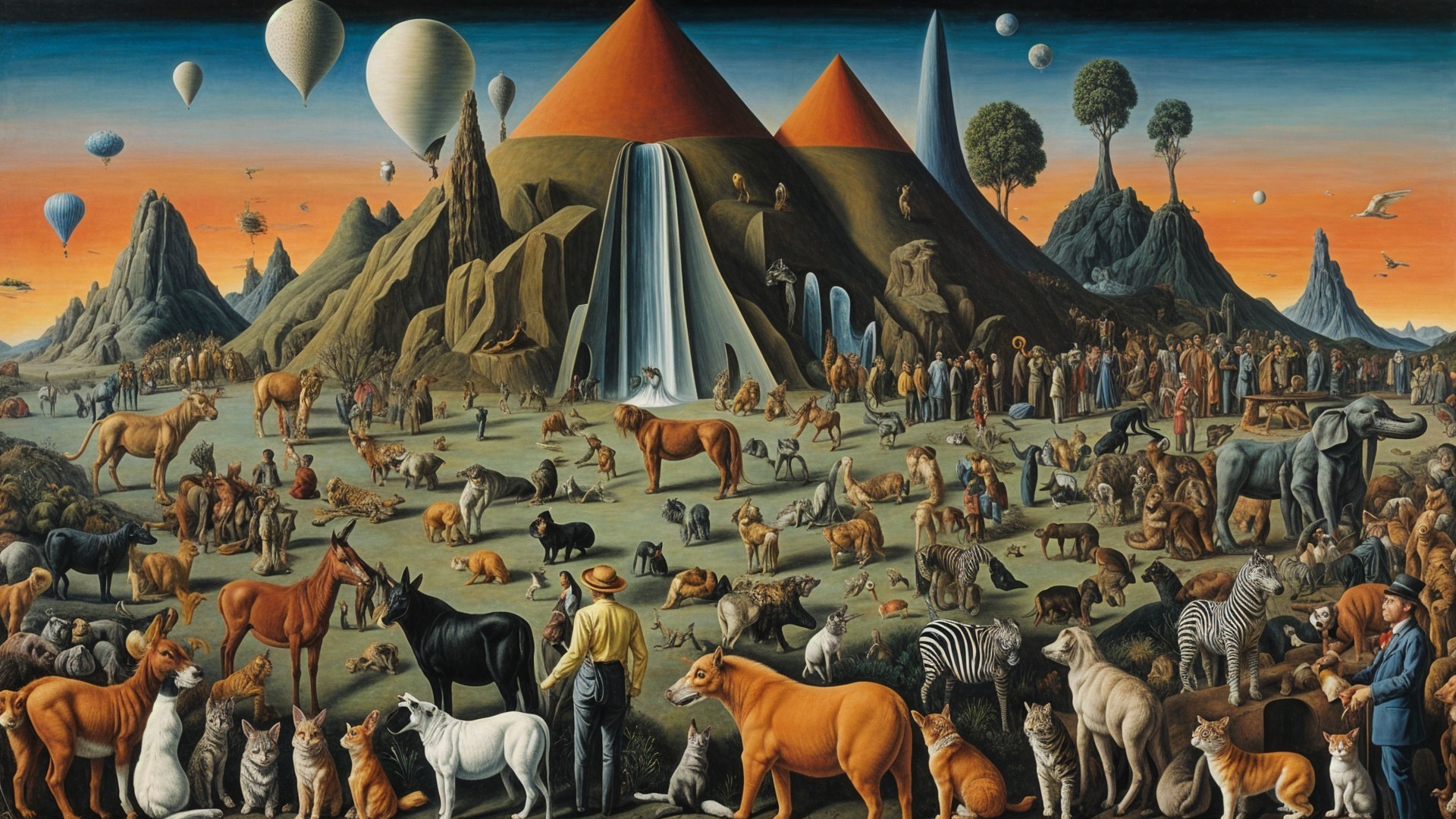 Surreal Landscape with Animals and Pyramidal Mountains