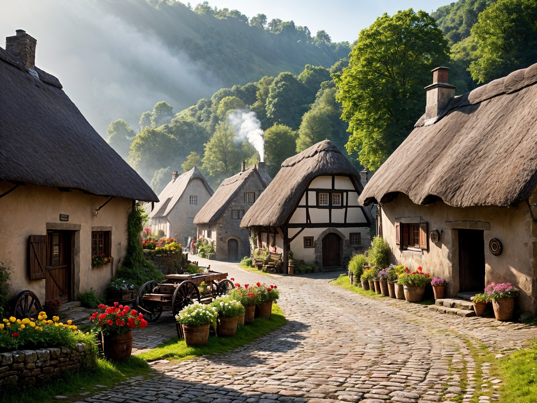 Charming Village Scene with Thatched-Roof Cottages