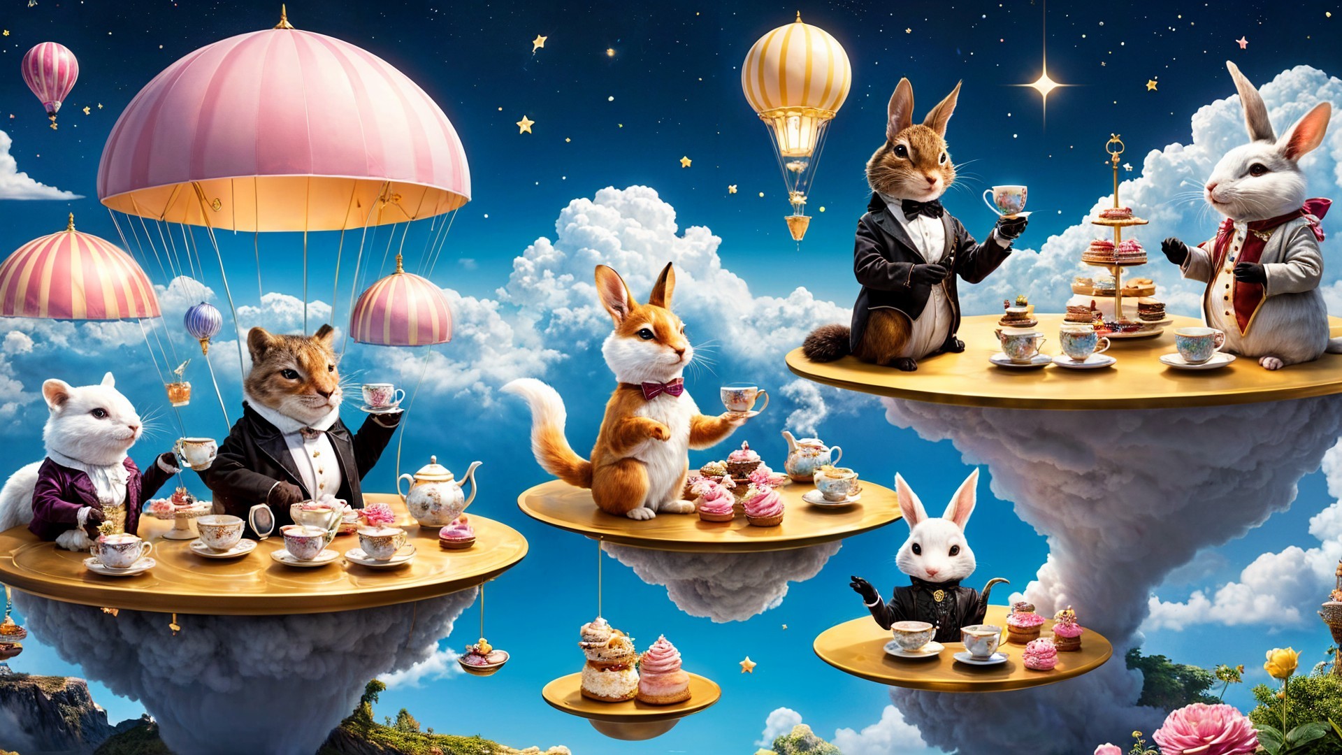 Whimsical Tea Party with Dressed Animals in Clouds