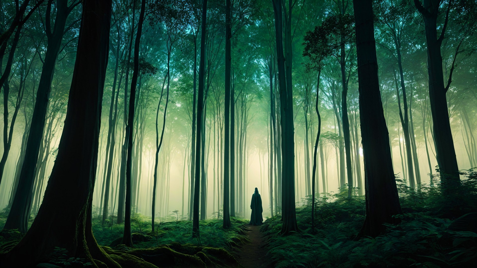Serene forest scene with tall trees and mist