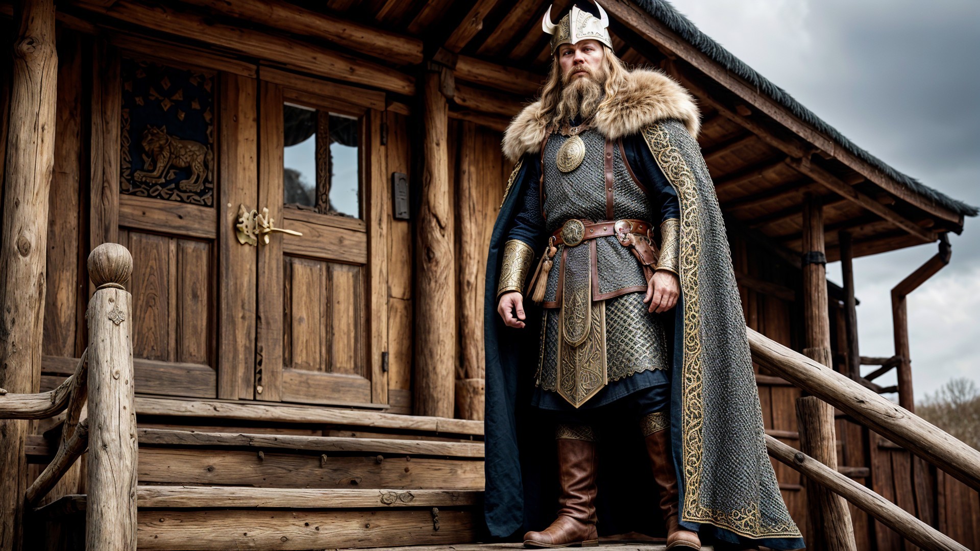 Viking Warrior in Armor on Wooden Steps of Dwelling