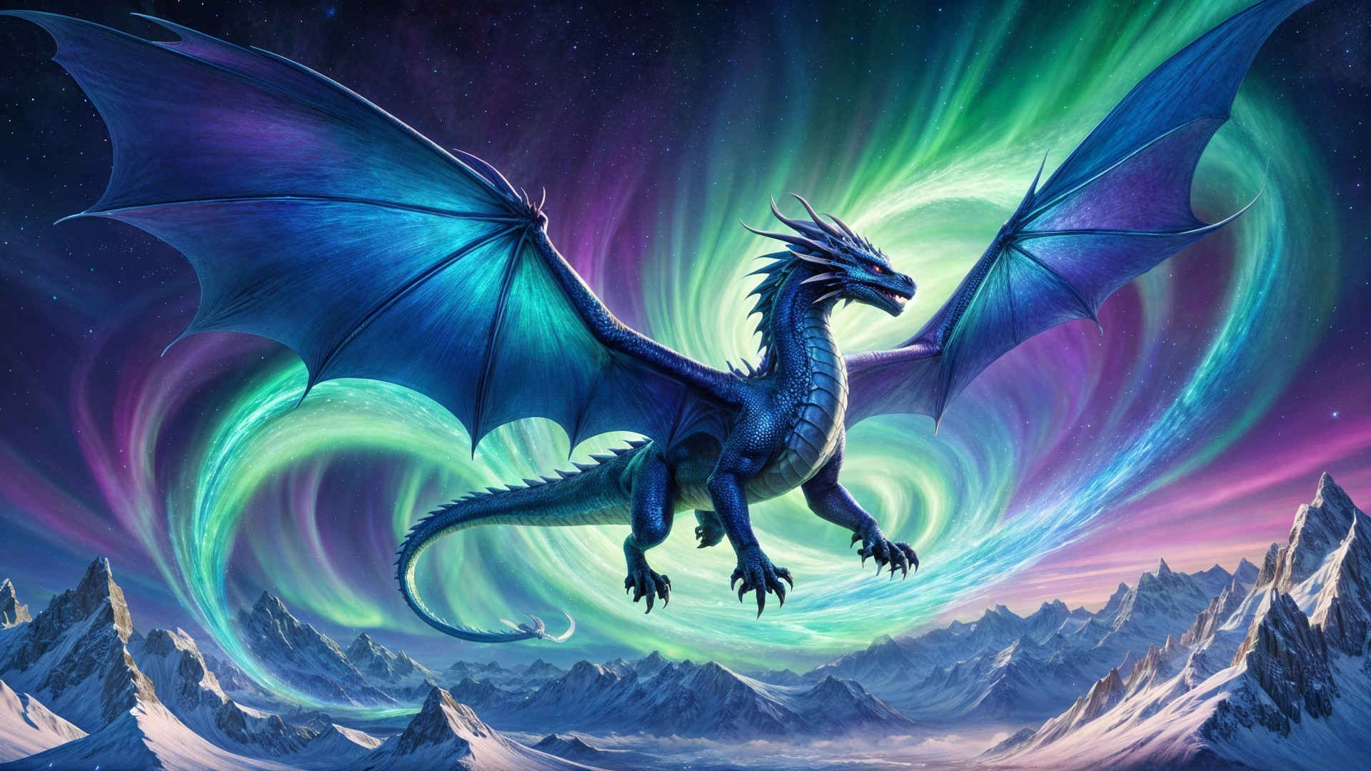 Blue dragon flying in a vibrant aurora sky