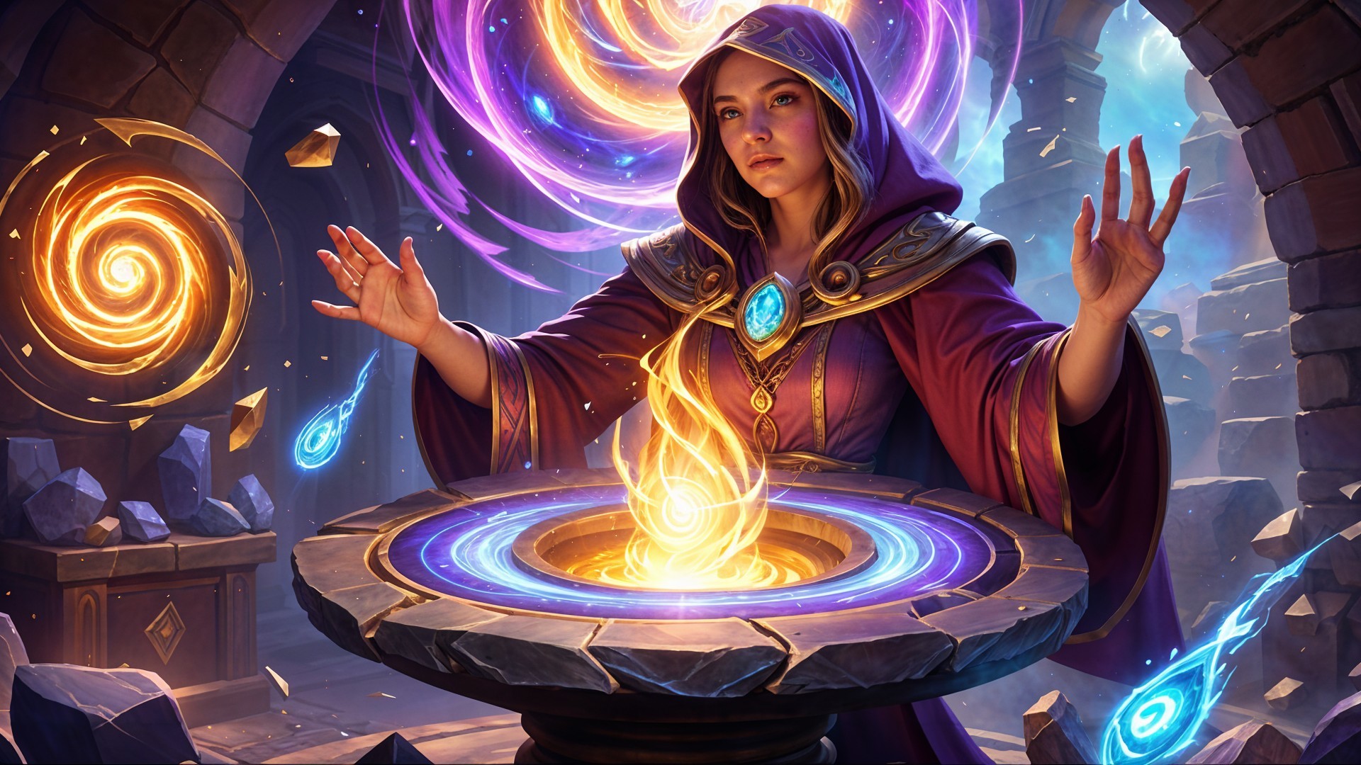 Sorceress in Purple Robe Conjures Magical Orbs