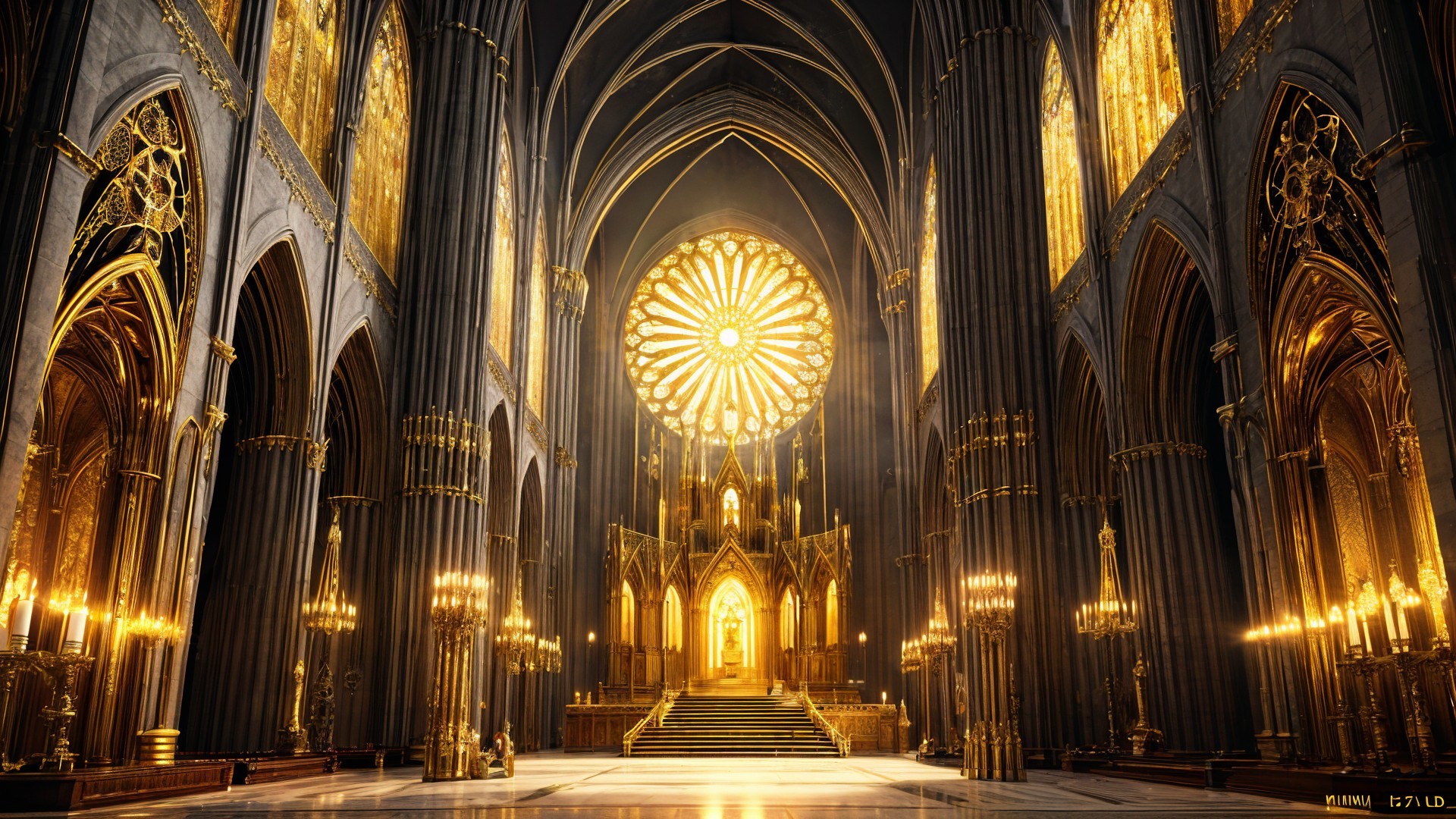 Grand Cathedral with Arches, Rose Window, and Altar