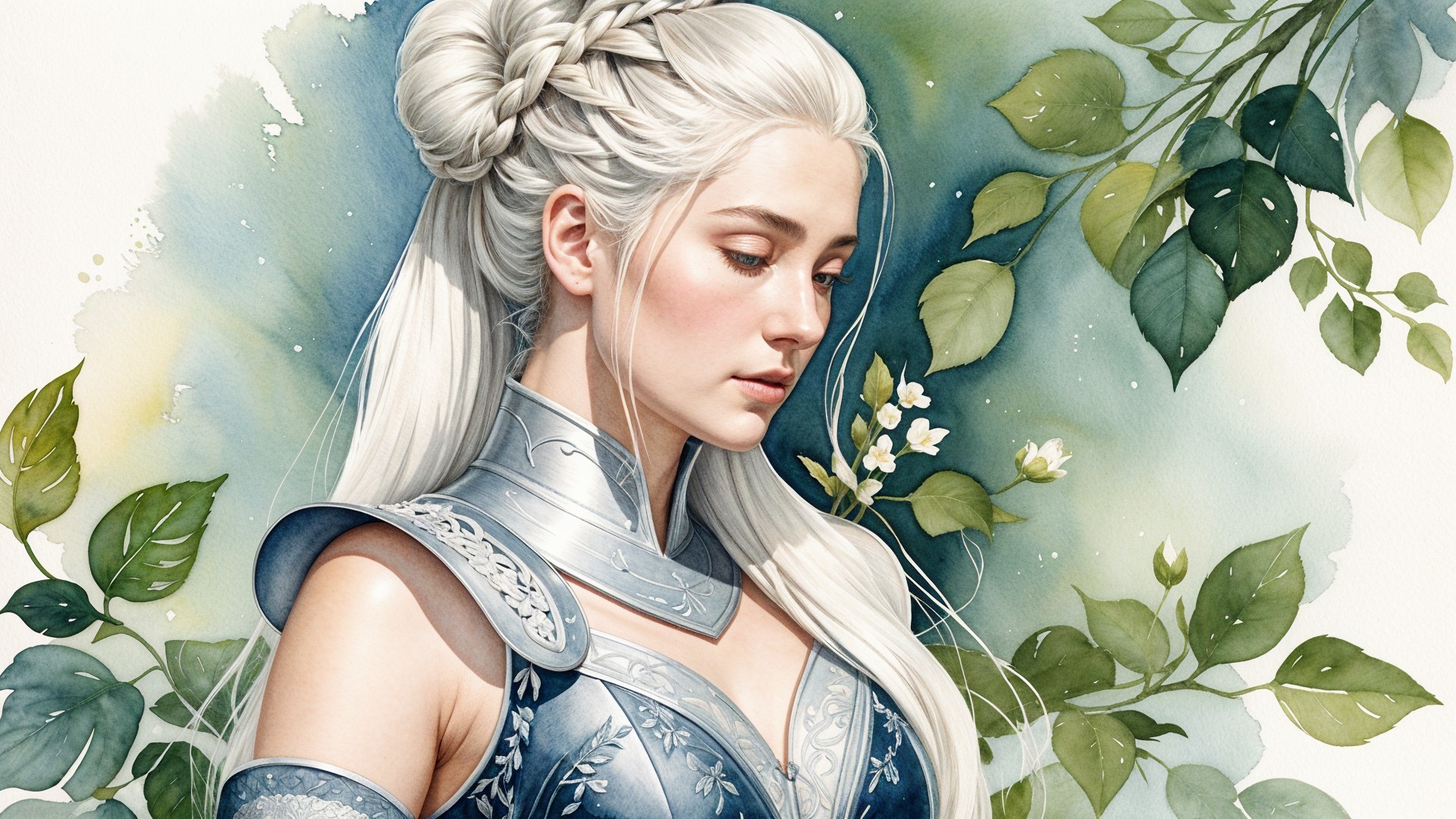 Young Woman in Elegant Armor Surrounded by Nature