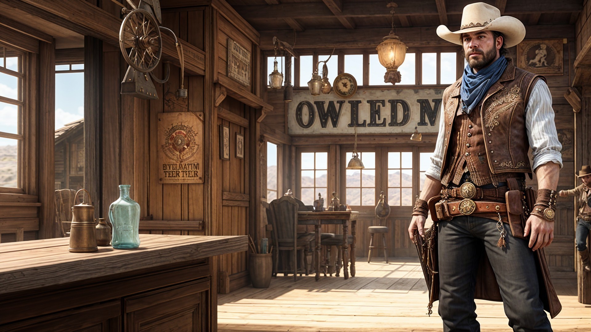 Cowboy in Rustic Saloon with Vintage Decor