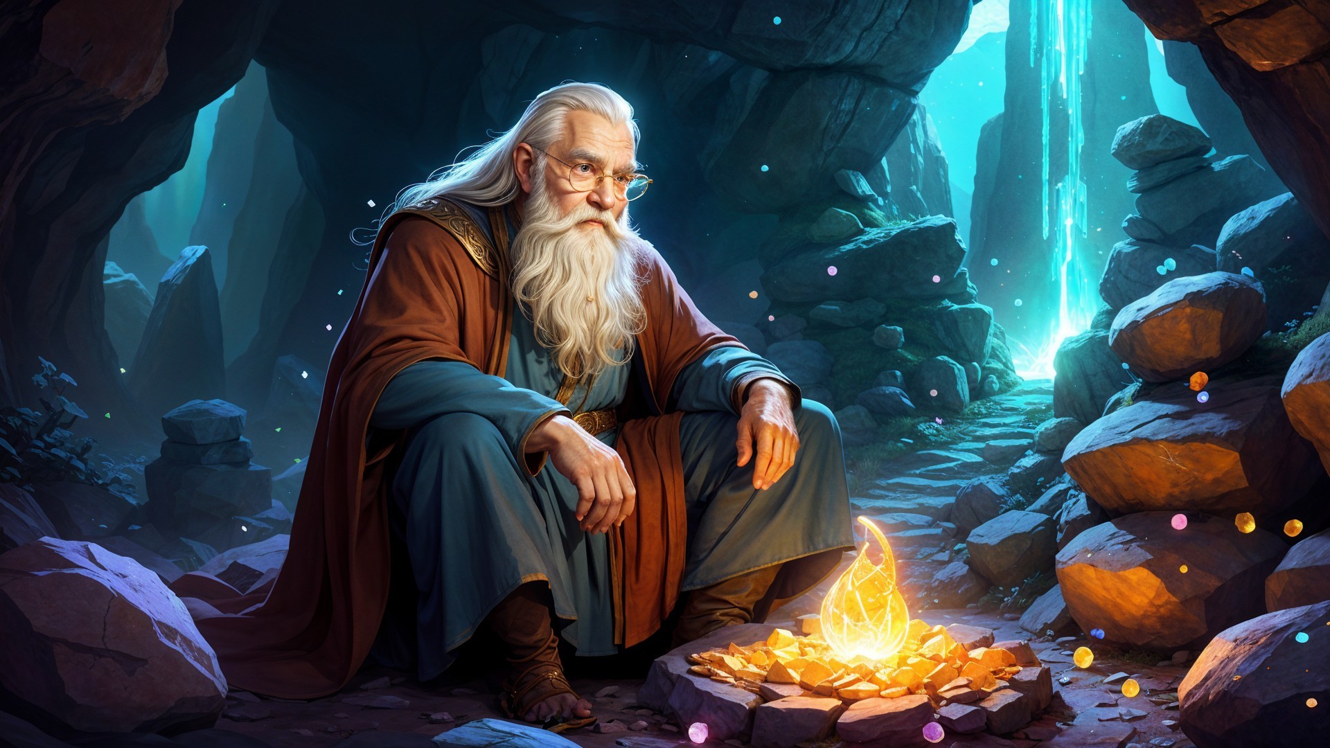 Mystical cave scene with sage by glowing campfire