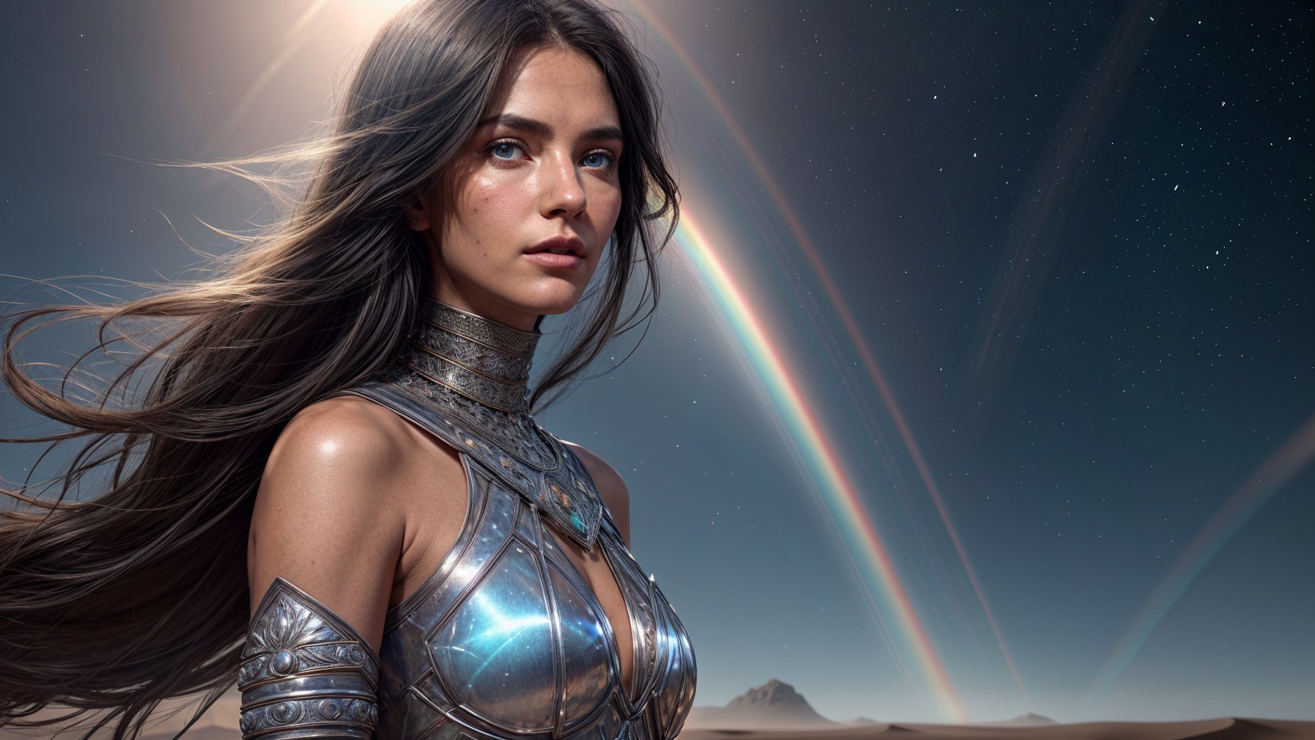 Radiant Warrior in Silver Armor Under Twilight Sky