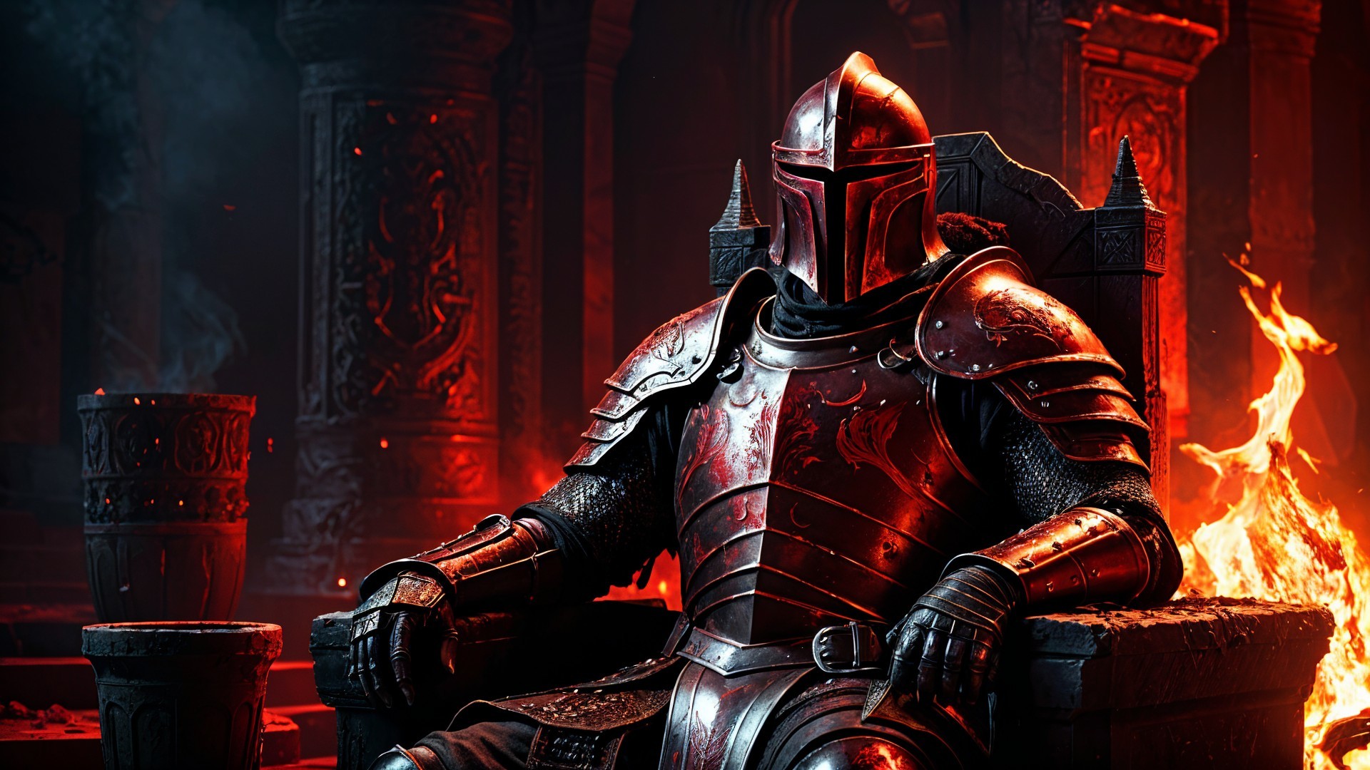 Knight in Dark Red Armor on Throne in Ominous Setting