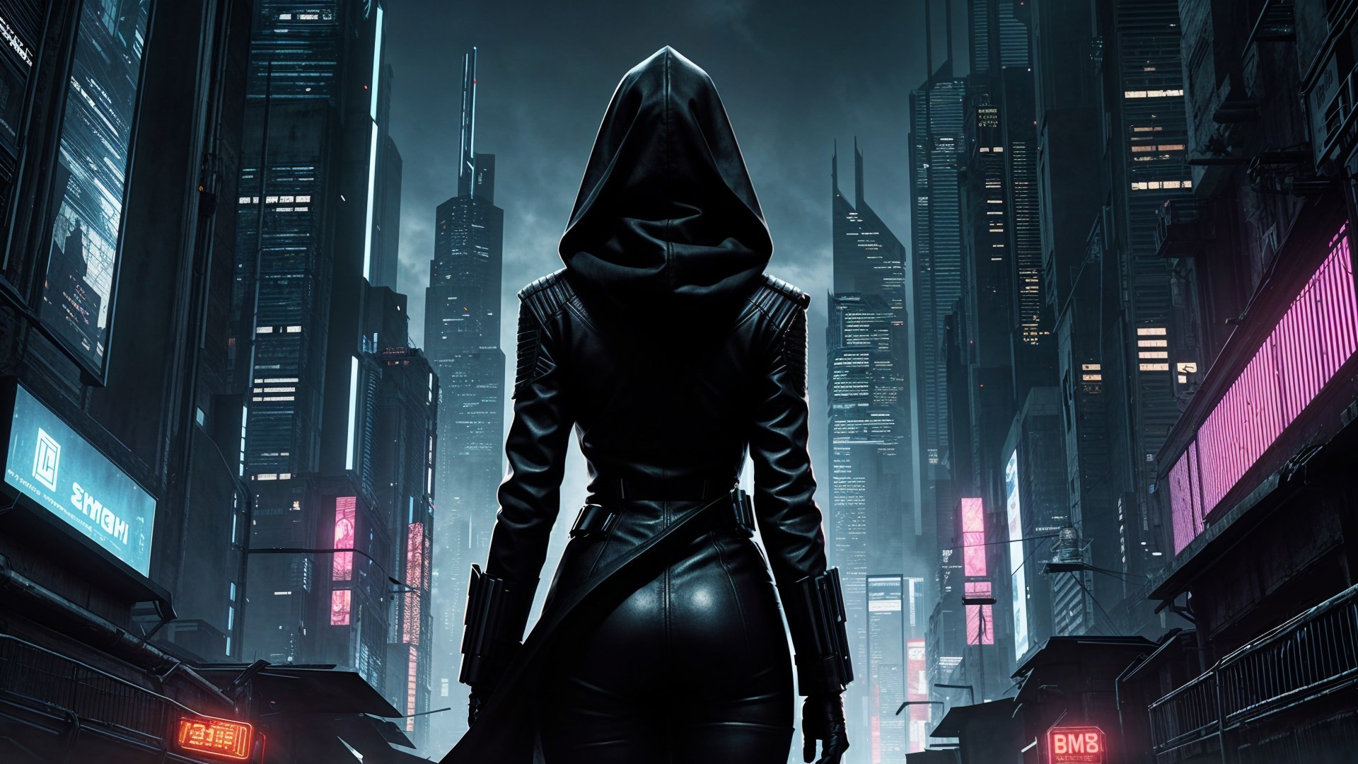 Mysterious Figure in Neon-Lit Futuristic Cityscape