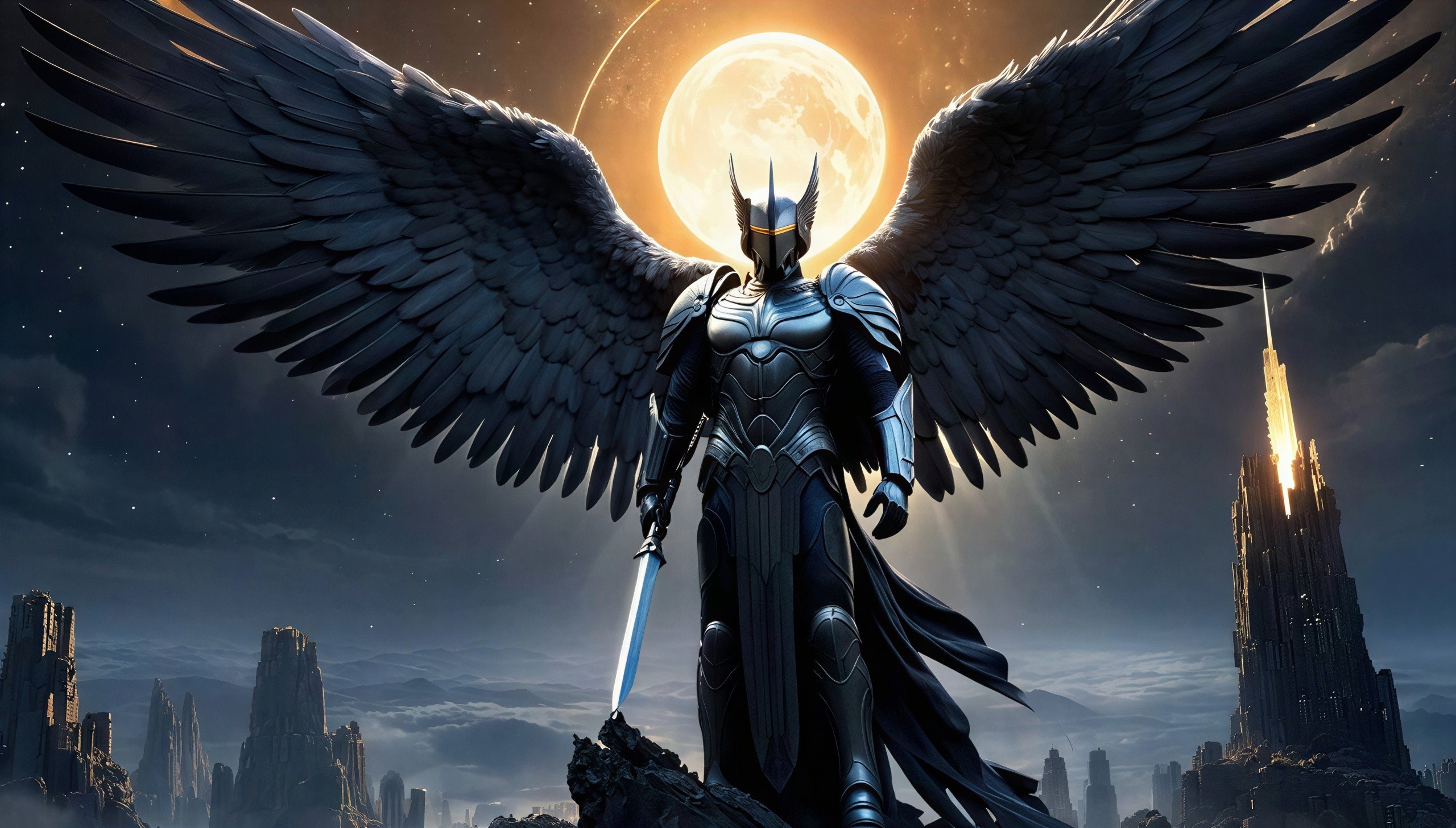 Armored angel with black wings and glowing sword