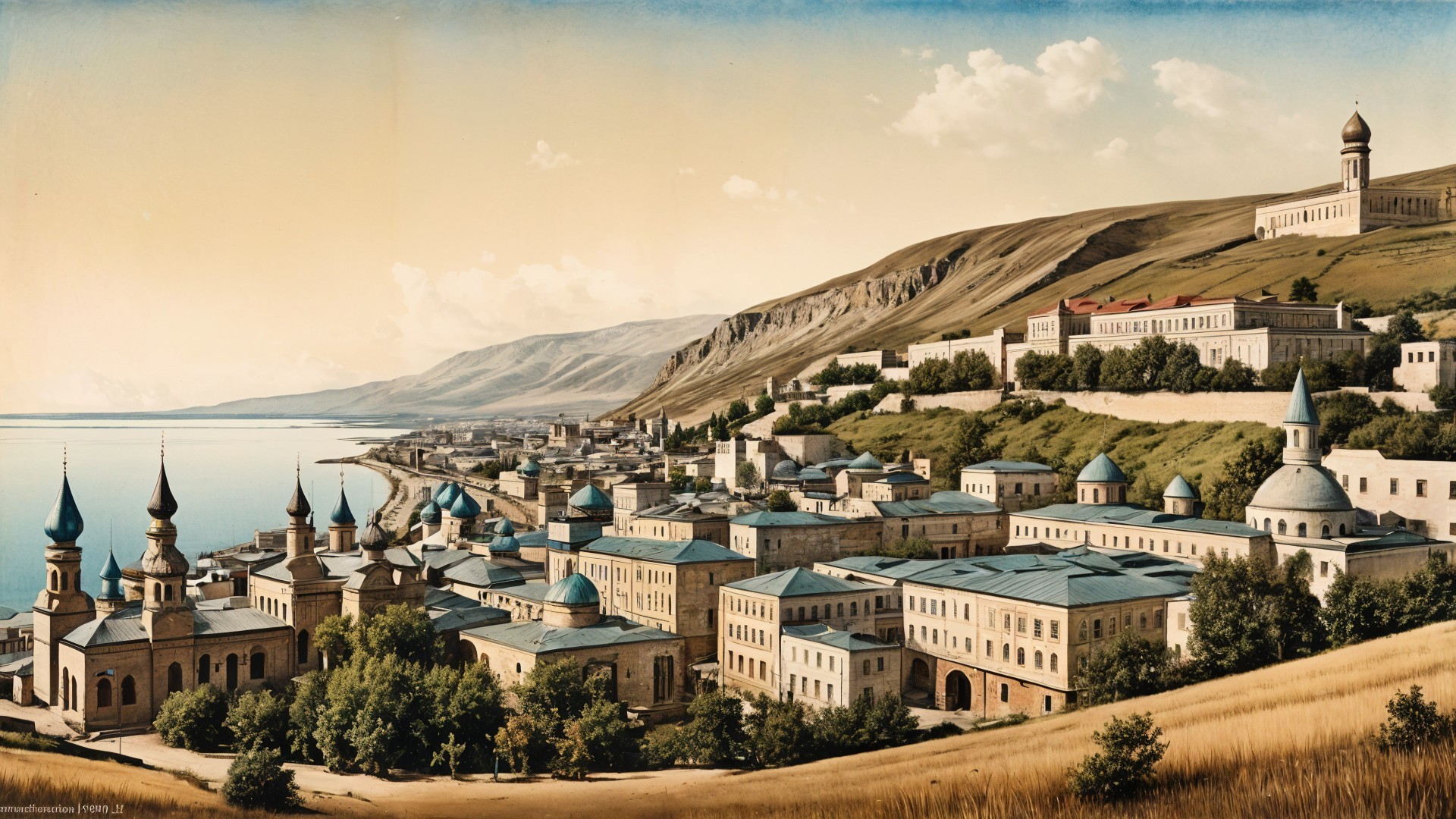 Scenic Coastal Town with Traditional Architecture and Hills