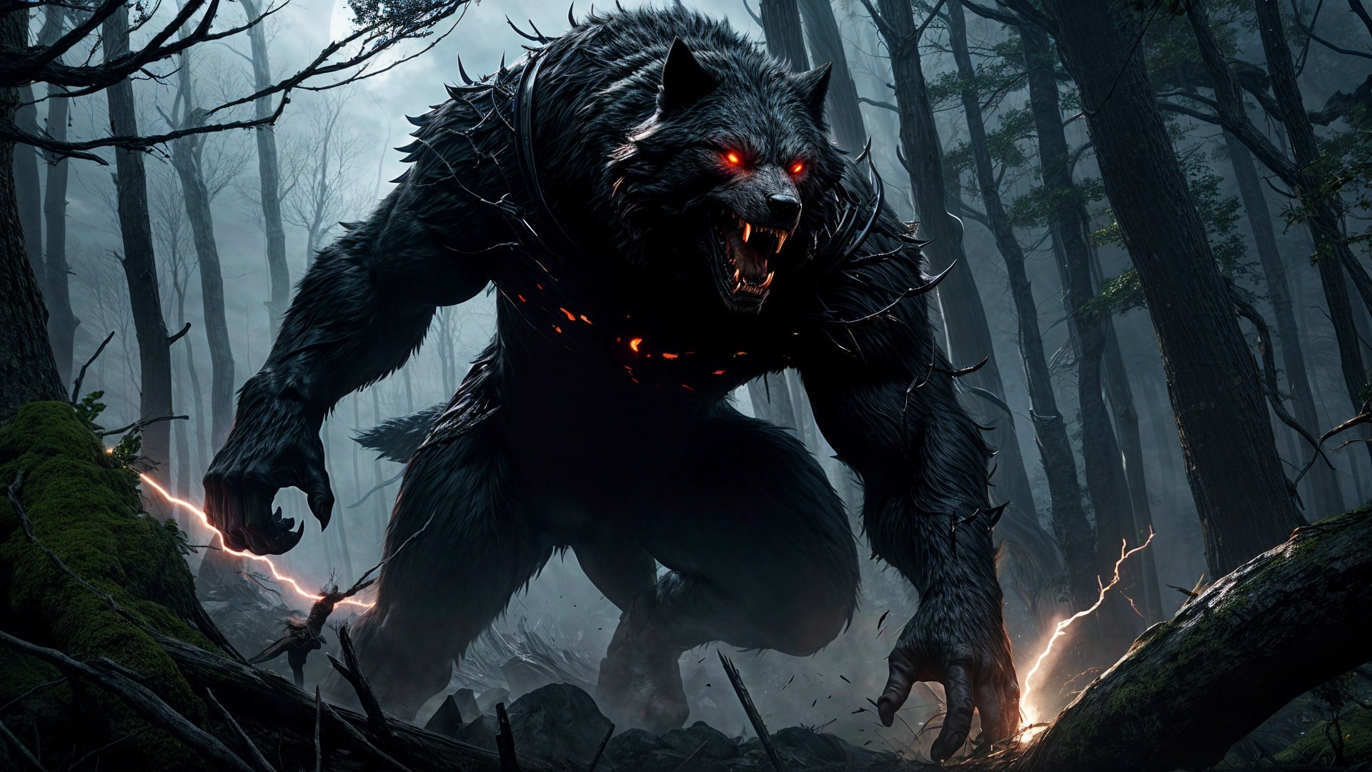 Fearsome Creature in Dark Misty Forest Setting