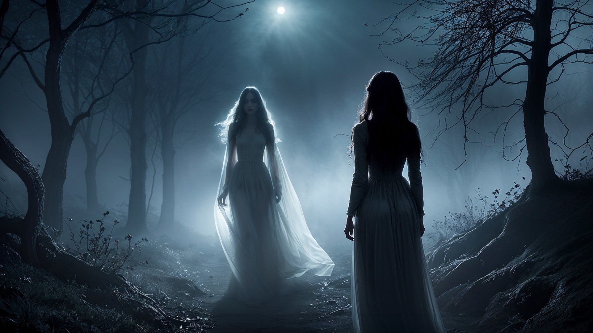 Ethereal Figures in a Mystical Moonlit Forest