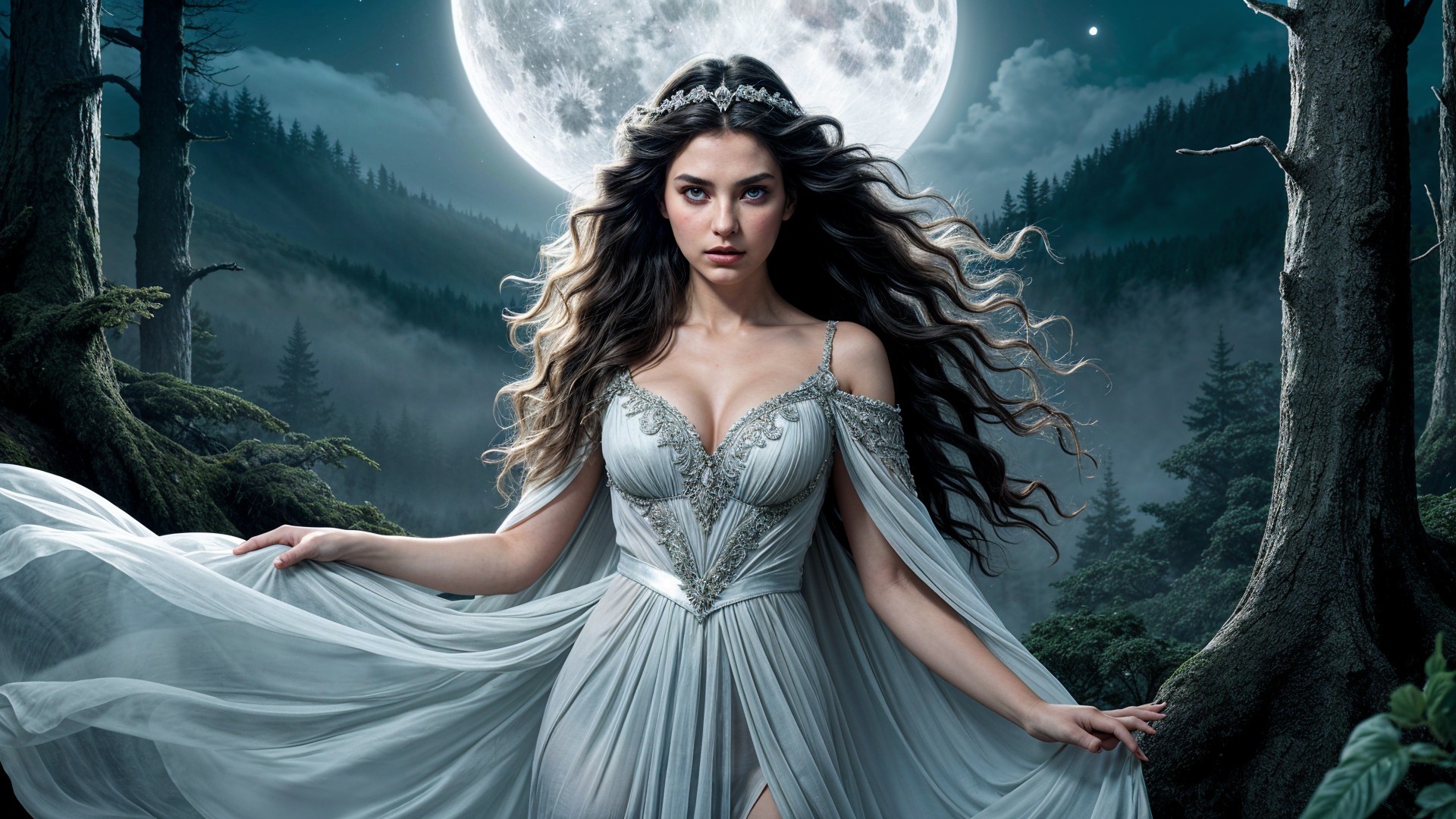 Young woman in silver gown in mystical moonlit forest