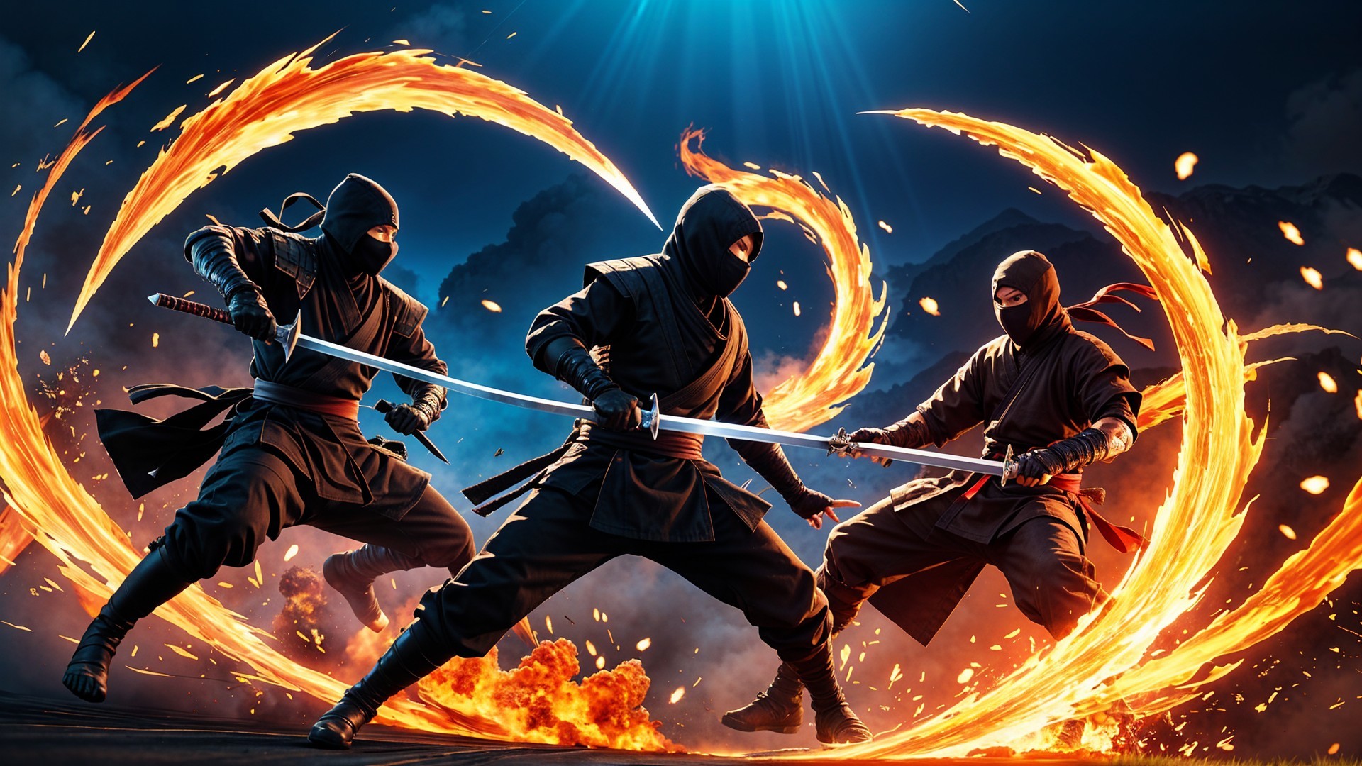 Ninjas in Dark Attire with Glowing Swords in Action Scene