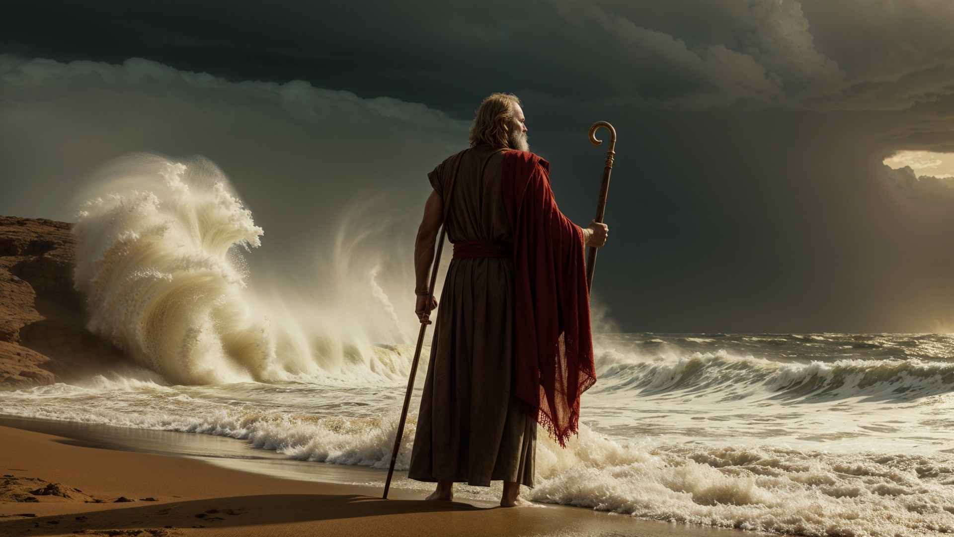 Biblical Prophet Figure on Windswept Beach Scene