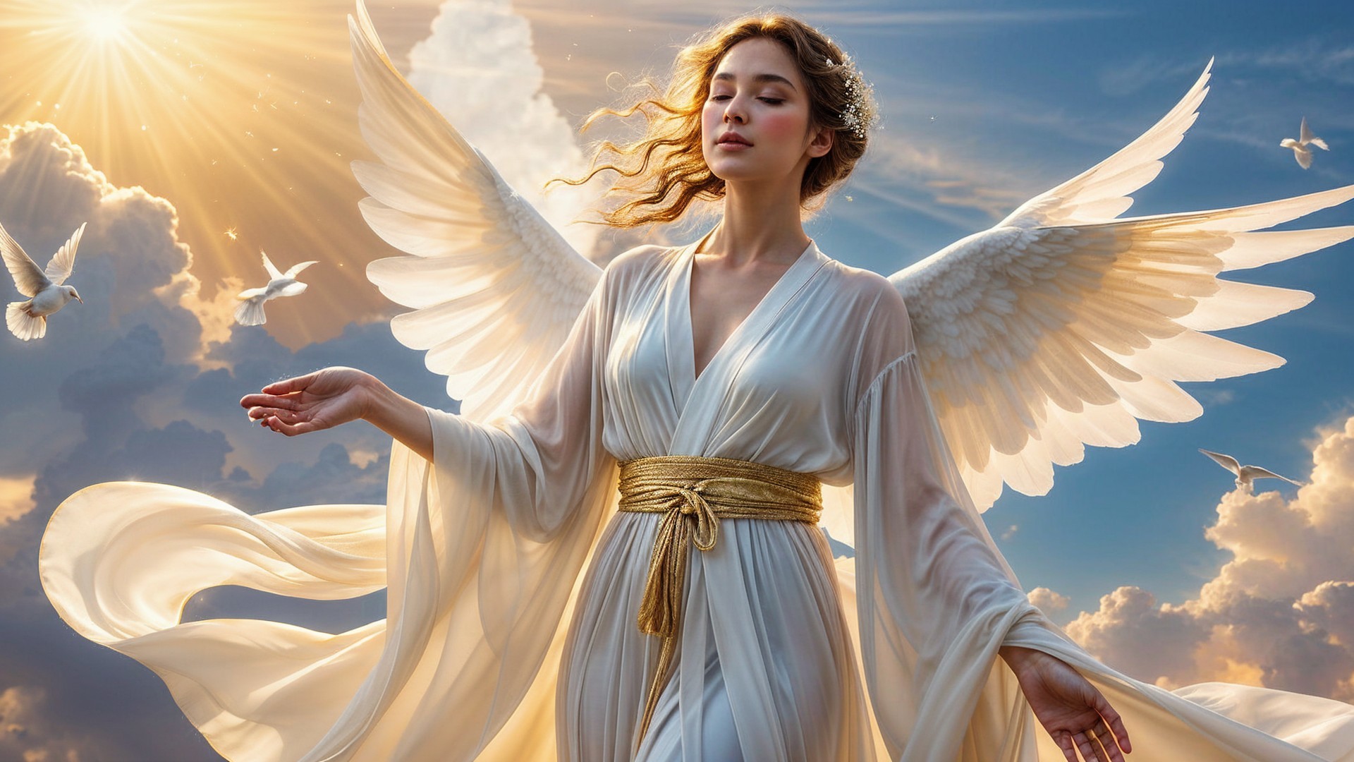 Serene Angelic Figure in Soft Clouds and Sunlight