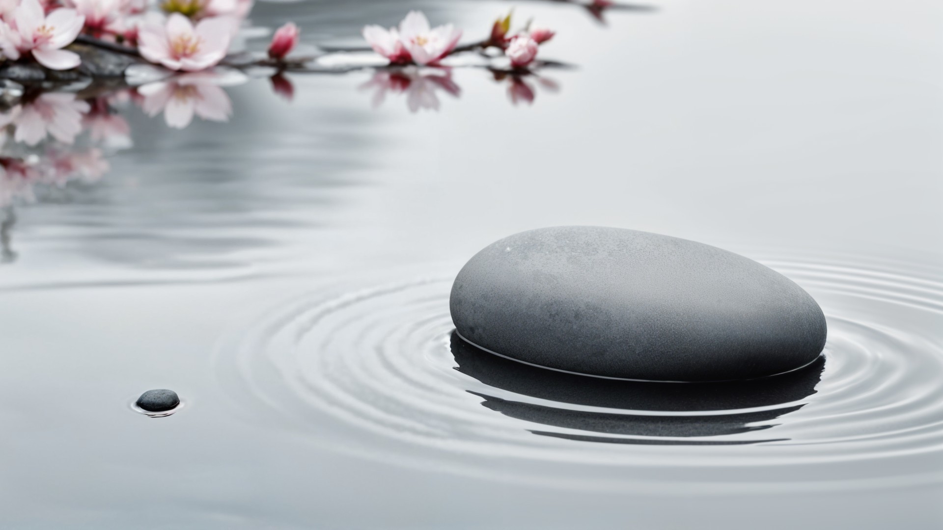 Smooth Rock on Reflective Water with Cherry Blossoms