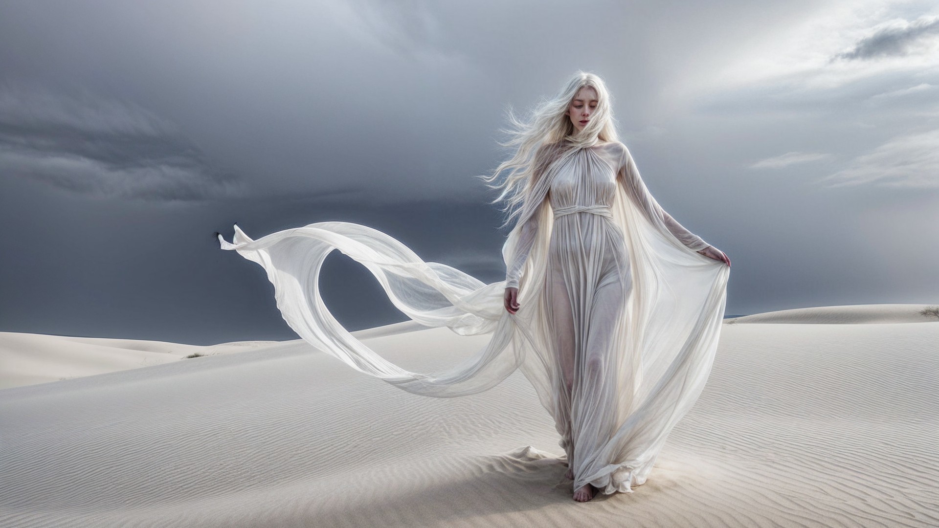 Ethereal Figure in Desert Landscape with Dramatic Clouds