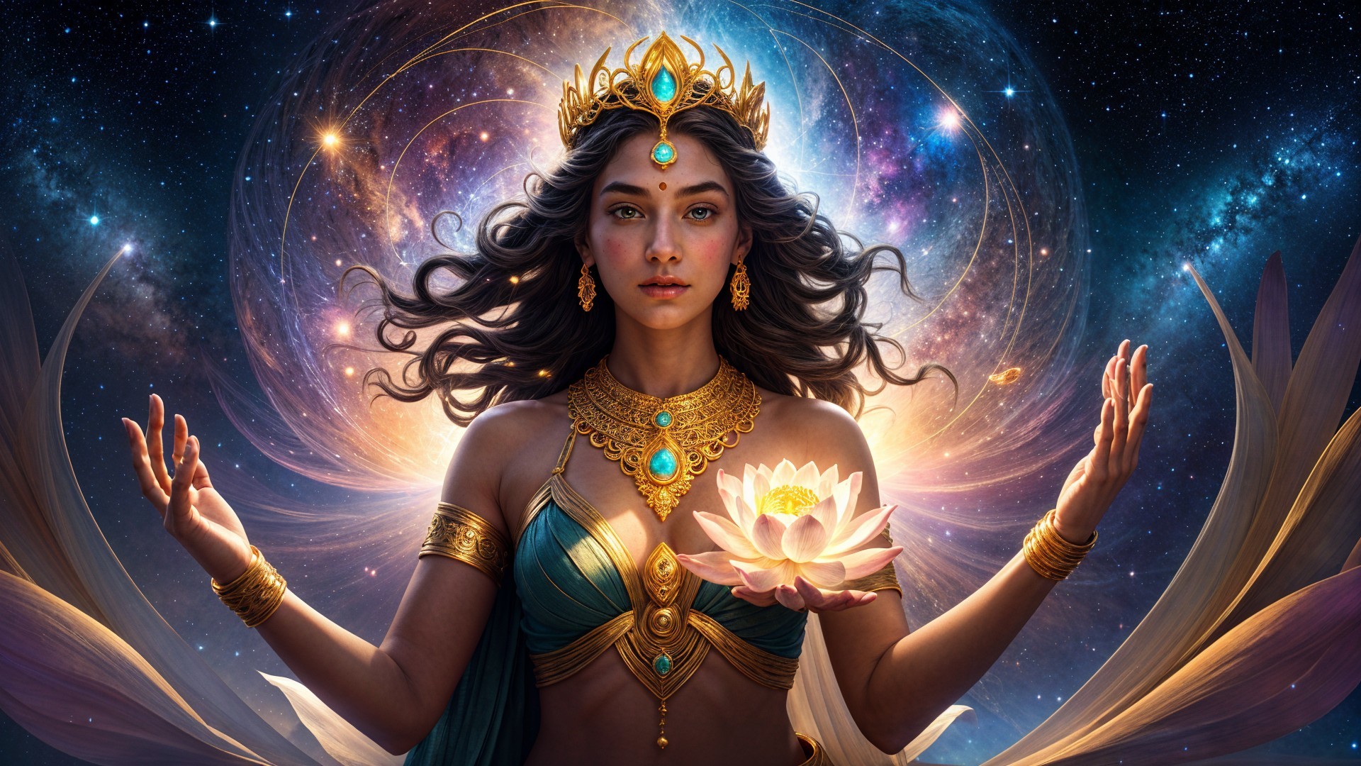 Celestial Figure in Gold Jewelry Against Cosmic Backdrop