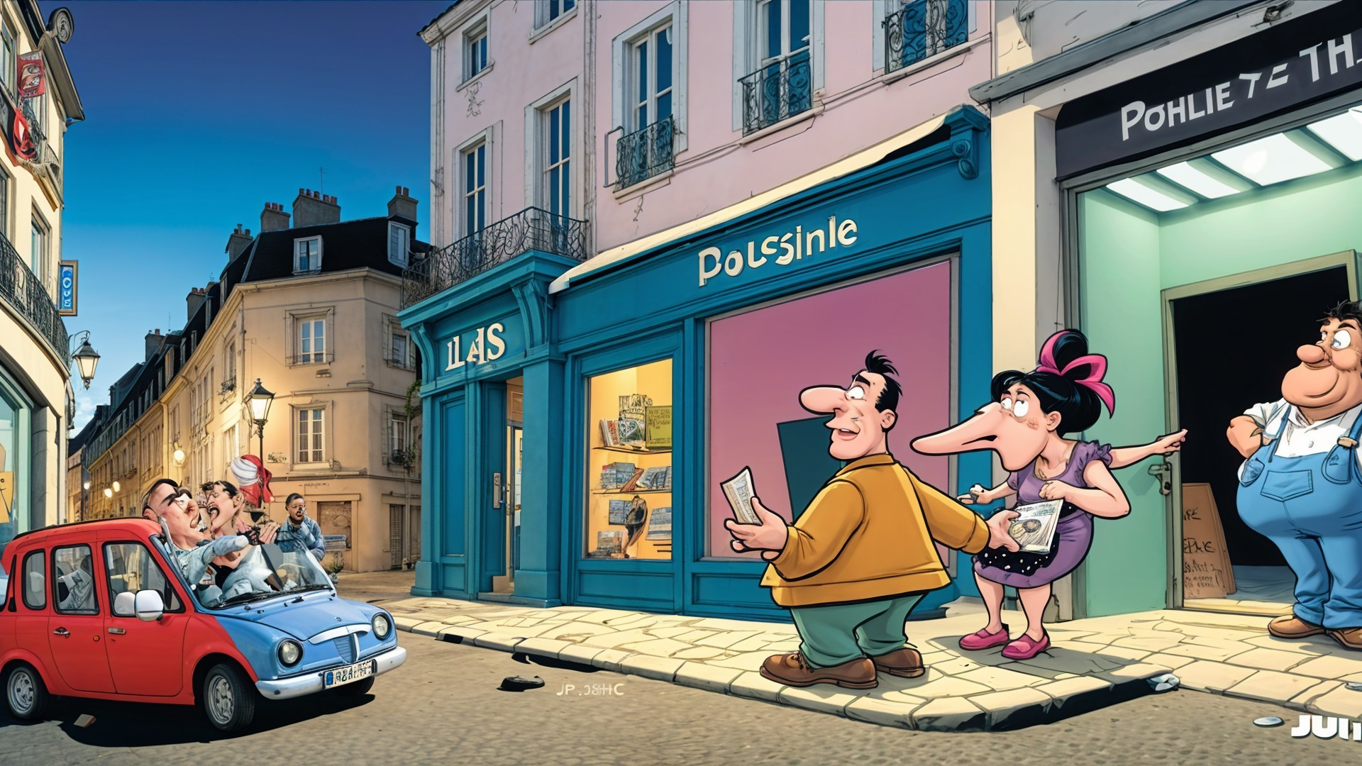 Lively Street Scene with Colorful Shopfronts and Cars
