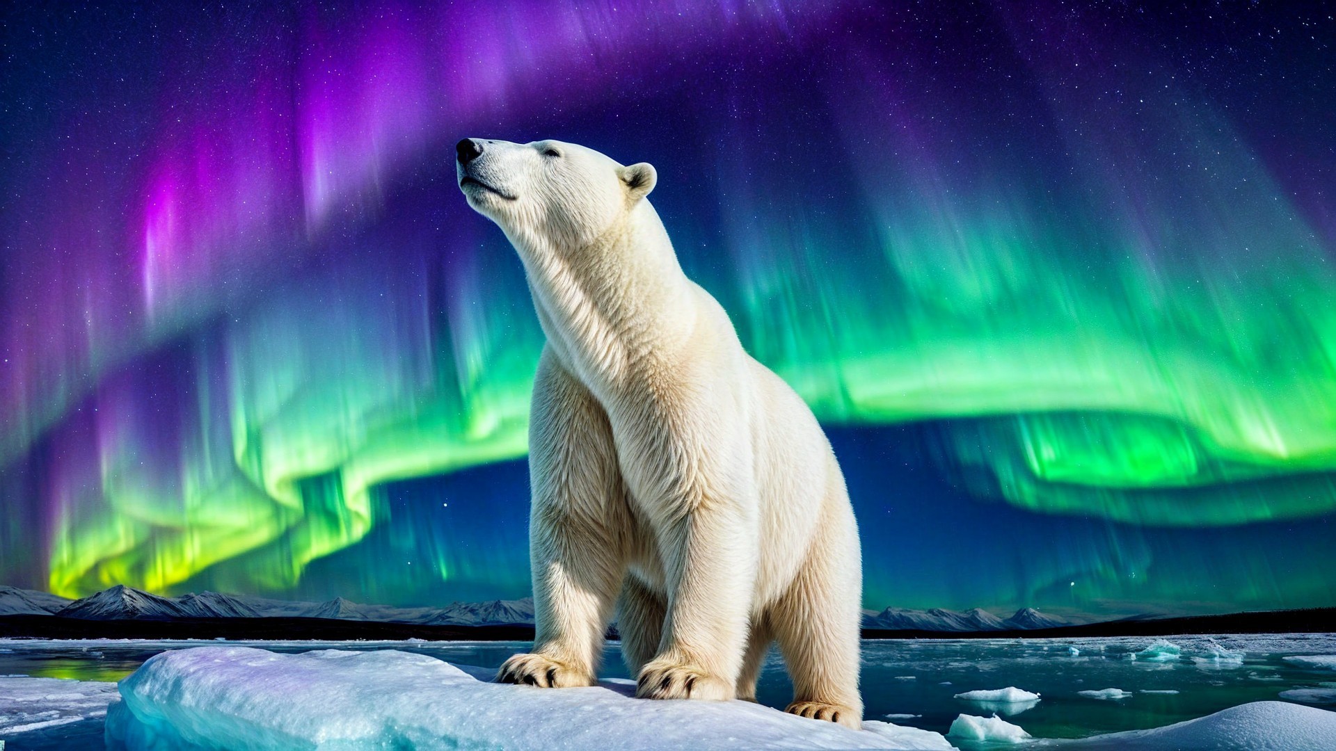 Polar Bear on Ice Floe Under Vibrant Auroras