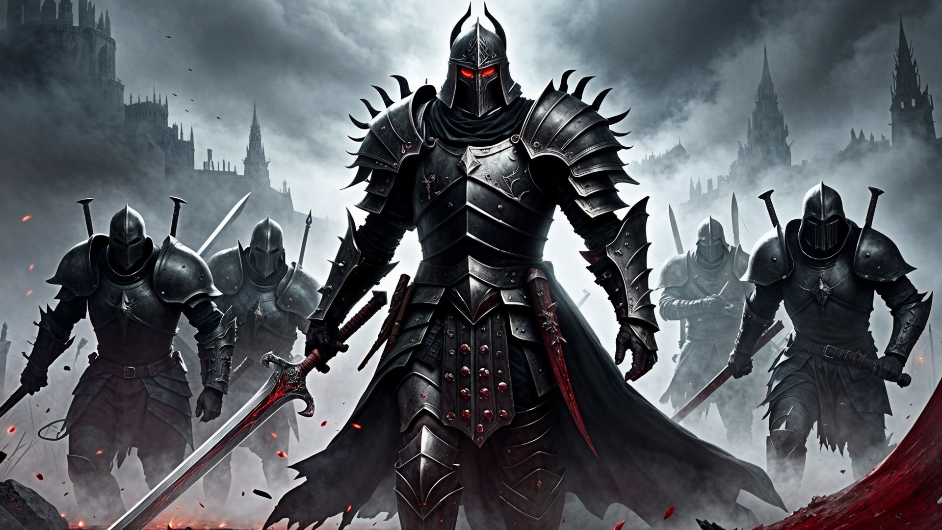 Dark Warrior in Intricate Armor with Shadowy Allies