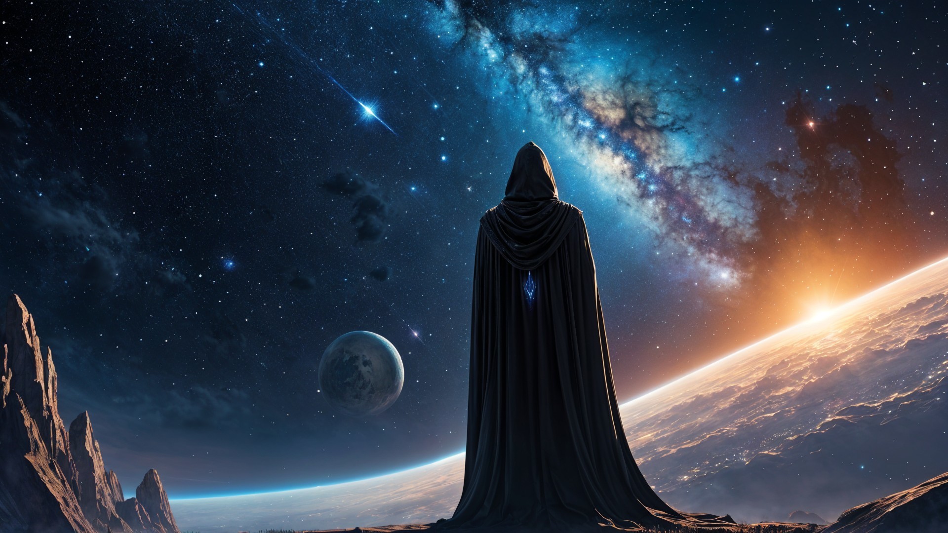Cloaked Figure Overlooking Cosmic Scene and Galaxies