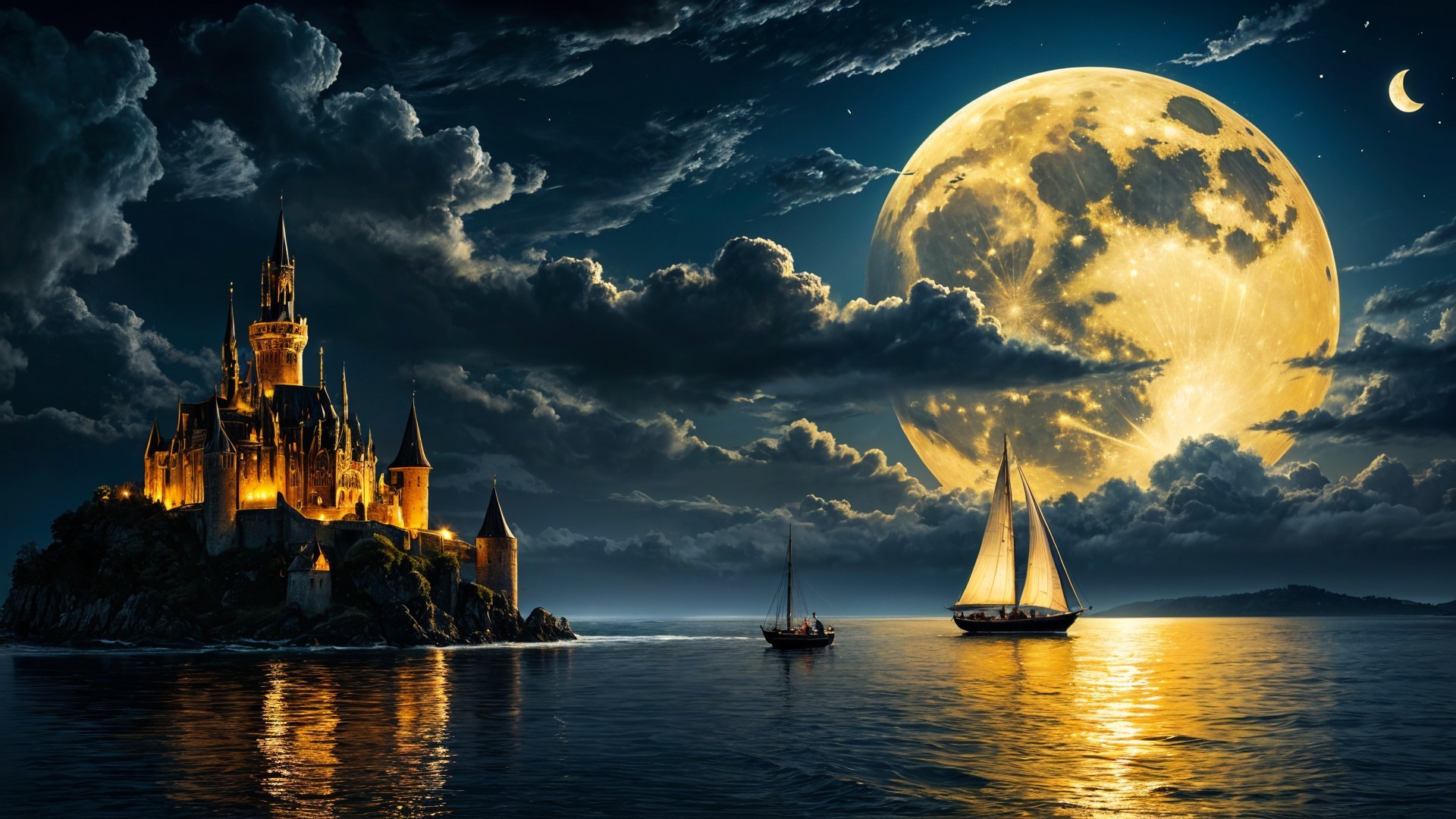 Castle on Rocky Island Under Full Moonlight