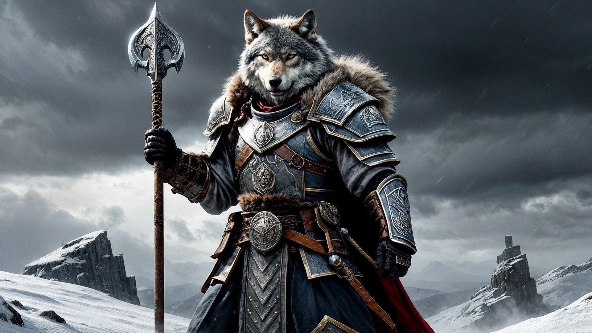 Majestic Wolf in Ornate Armor in Snowy Landscape