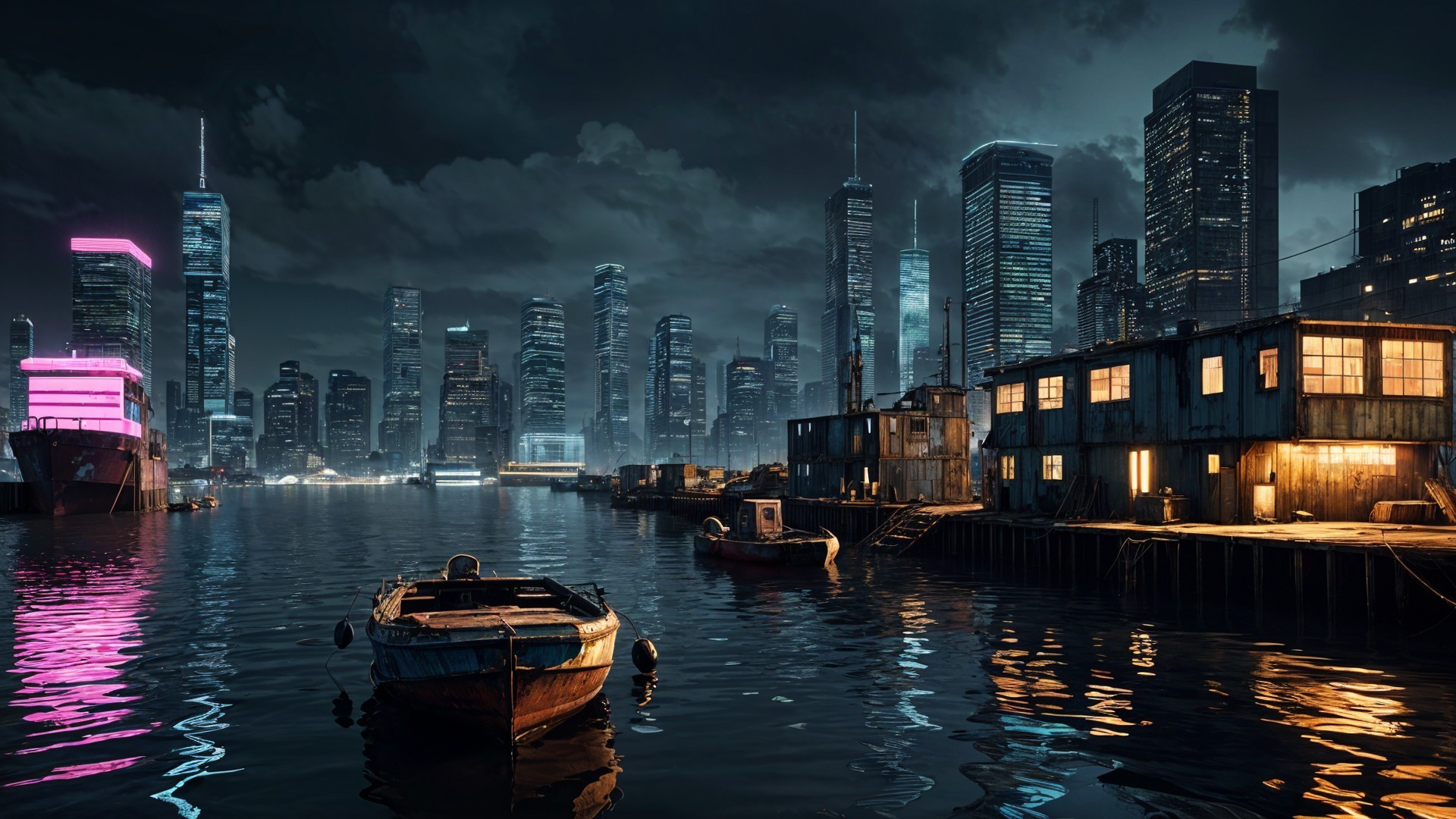 Urban Harbor at Night with Neon Skyline and Houseboats