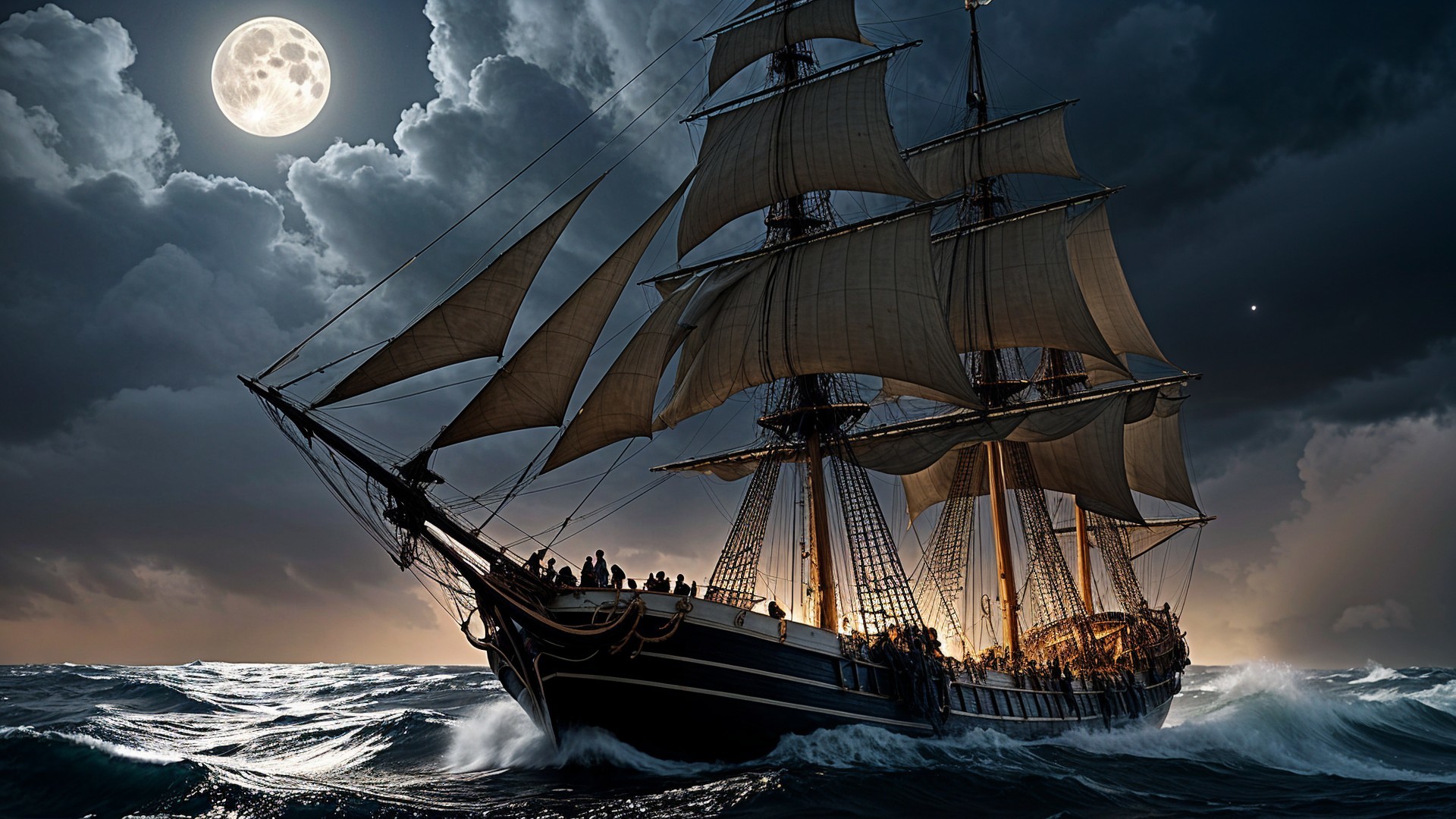 Tall Ship Navigating Turbulent Waters Under Moonlight