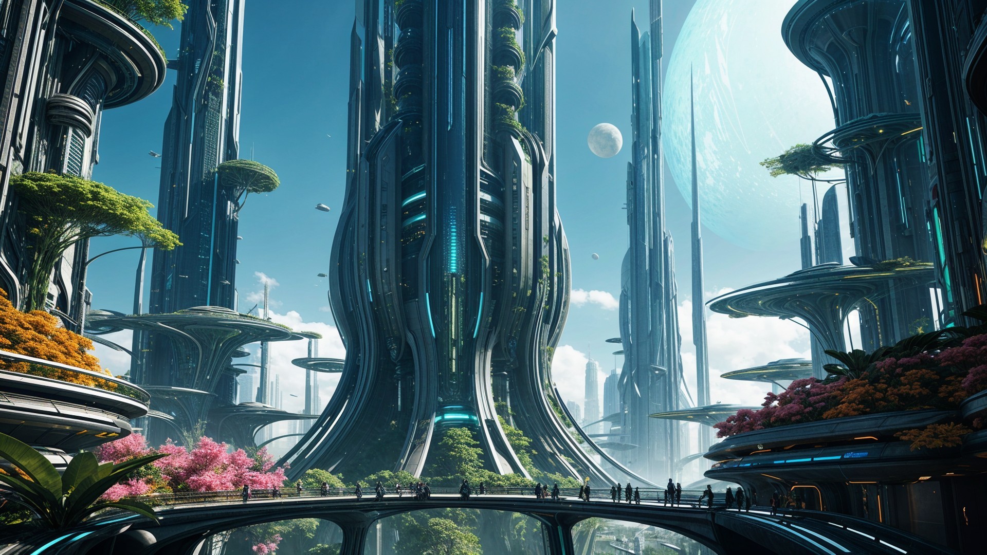 Futuristic cityscape with advanced technology and nature