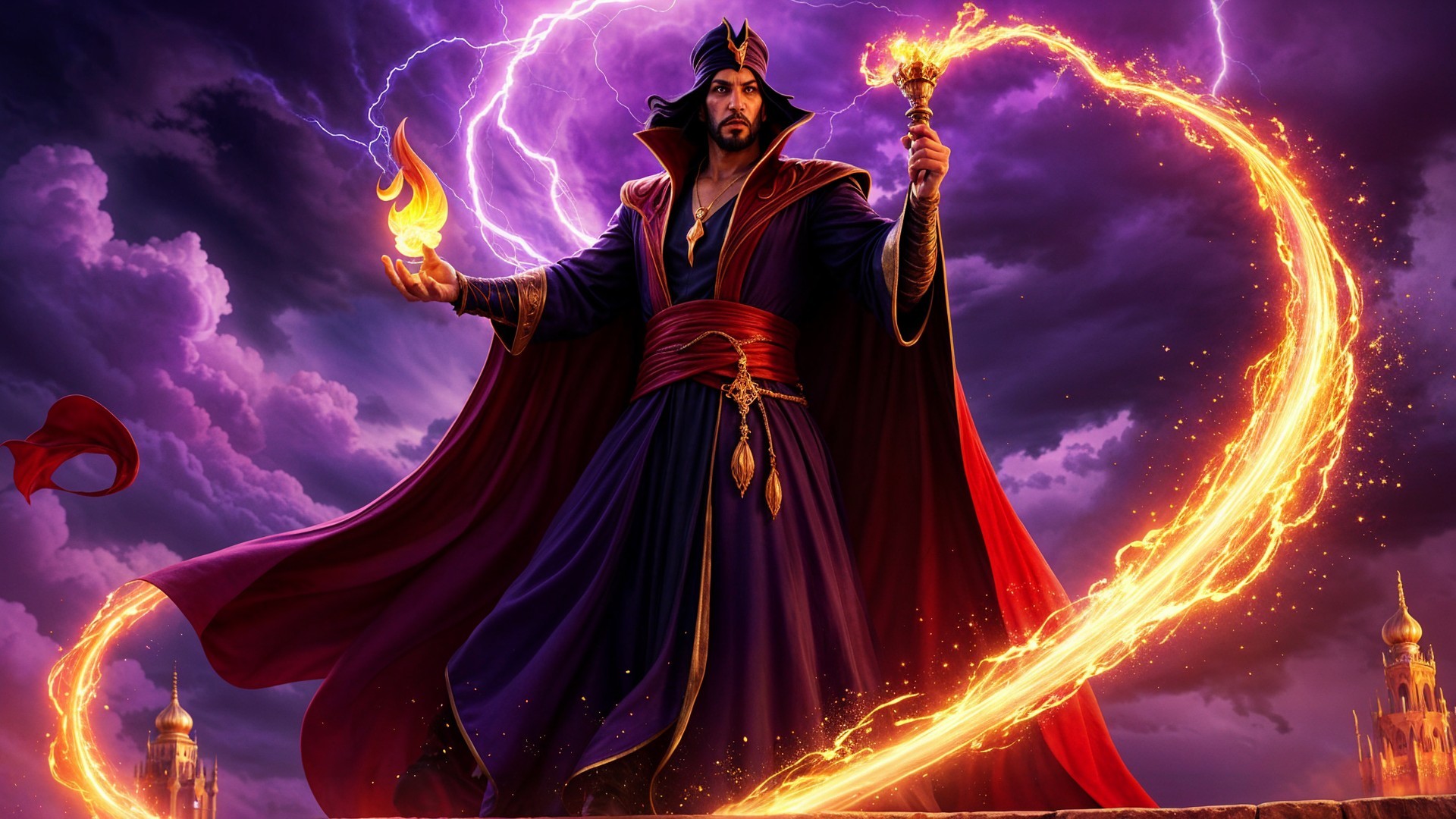 Sorcerer in Purple Robes with Fiery Staff and Storm Clouds