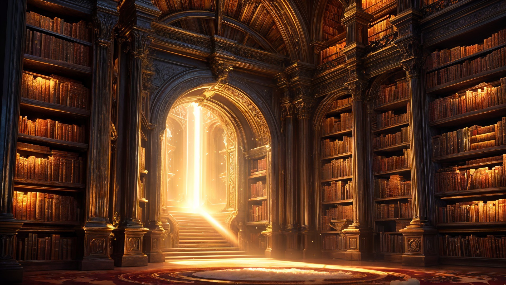 Grand Library with Ancient Books and Intricate Architecture