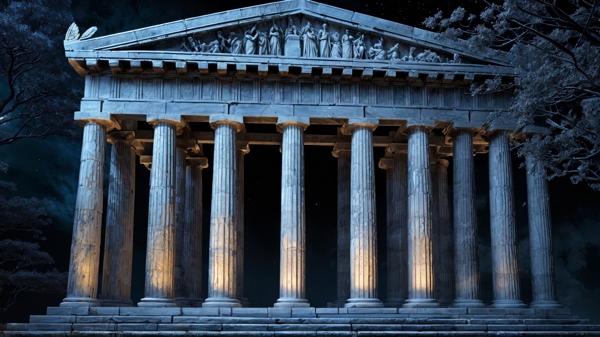 Grand Classical Temple with Fluted Columns and Sculptures