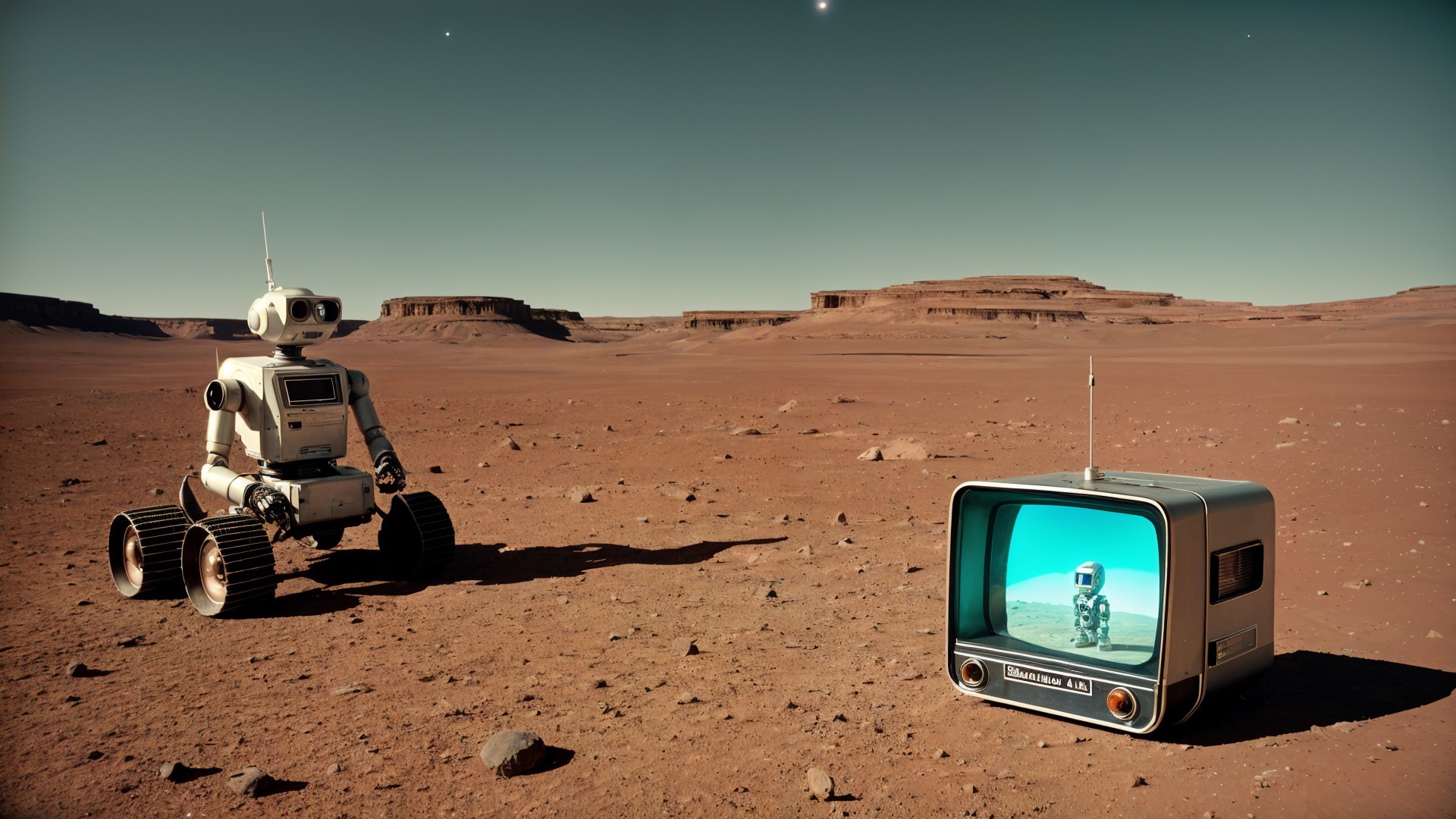 Retro Robot on Martian Landscape with TV Reflection