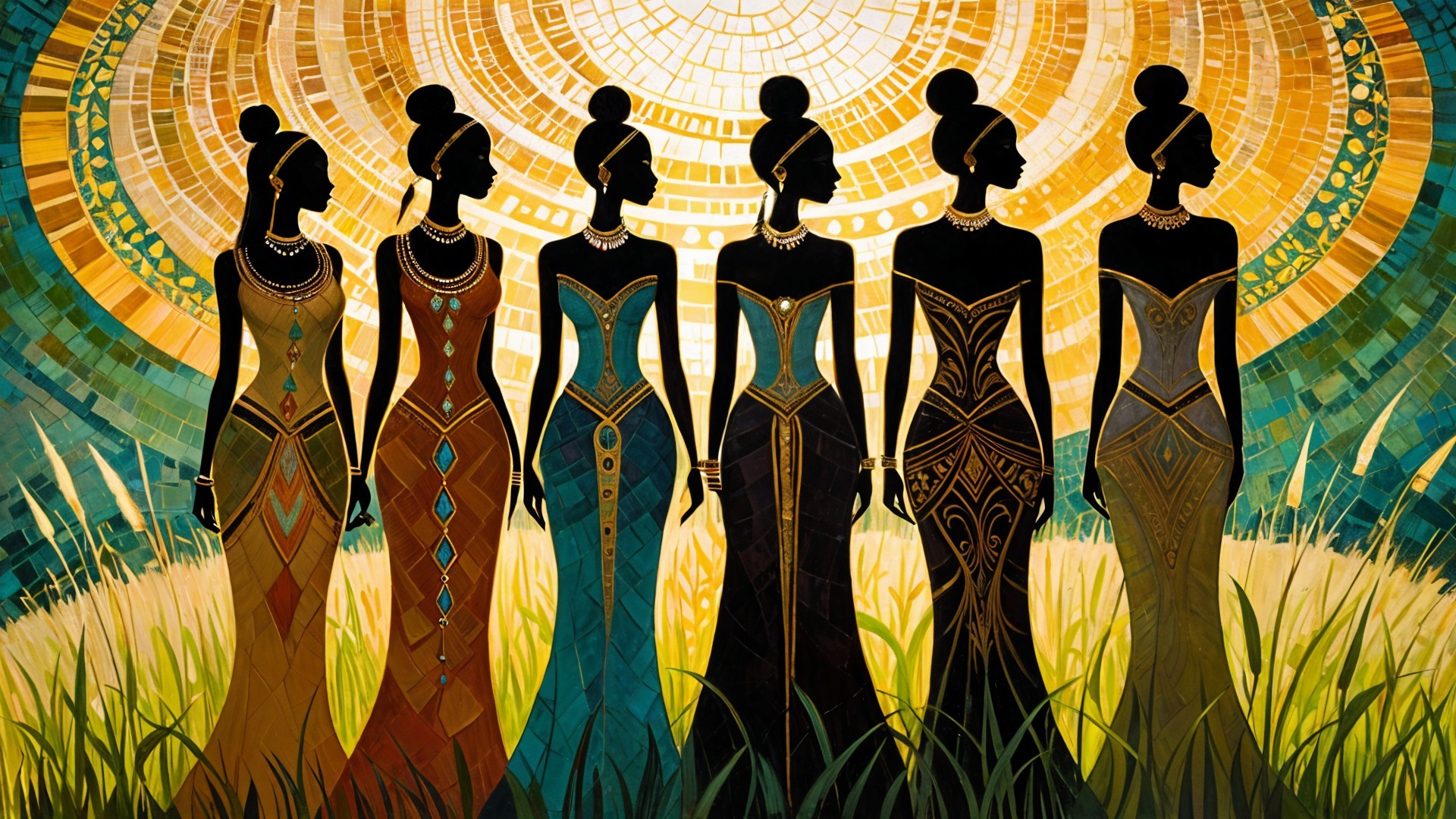 Silhouetted Women in Elegant Gowns Against Sunburst Background
