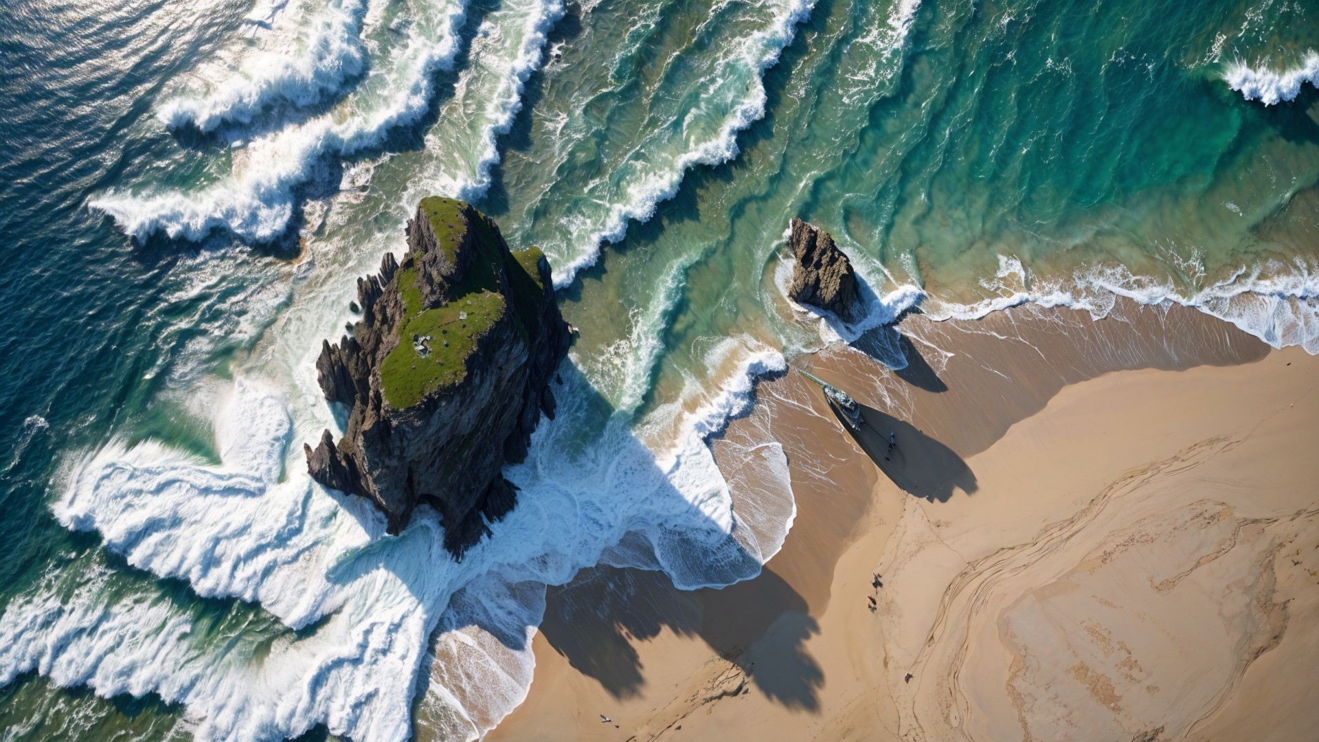 Aerial View of Rocky Coastal Landscape with Waves