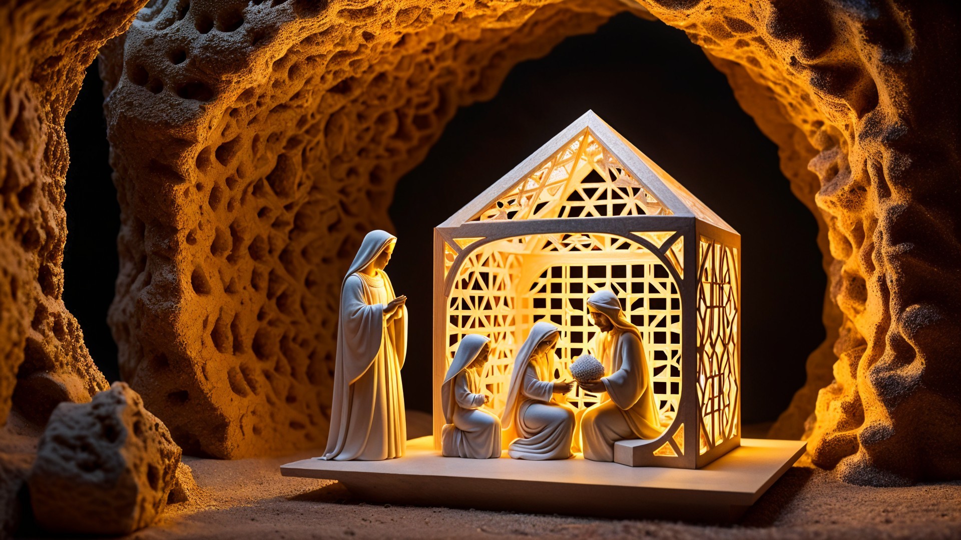Intricate Nativity Scene with Earthy Cave Backdrop