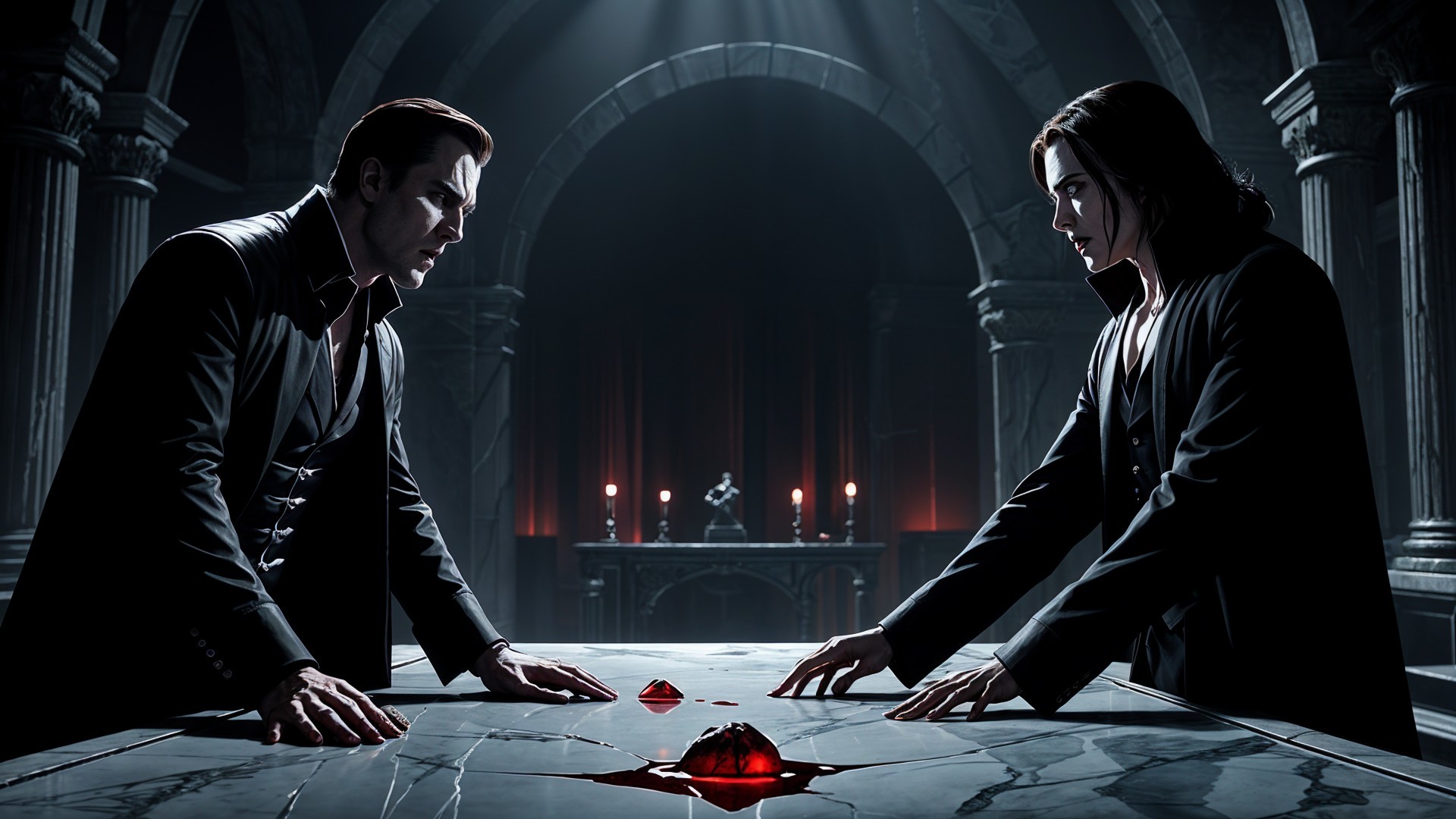 Gothic Scene with Figures at Dark Marble Table