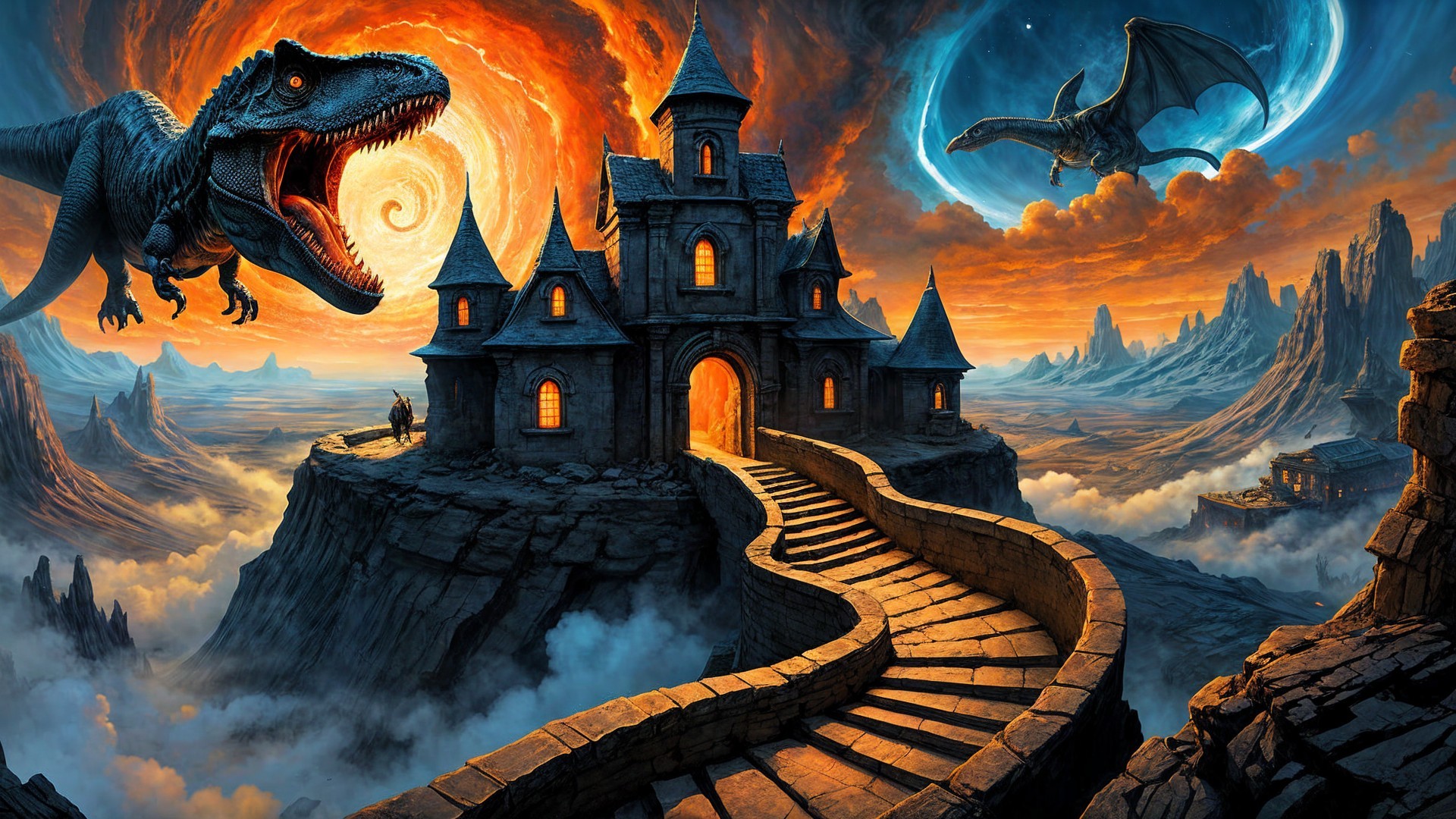 Dramatic Castle and Creatures in a Fantastical Landscape