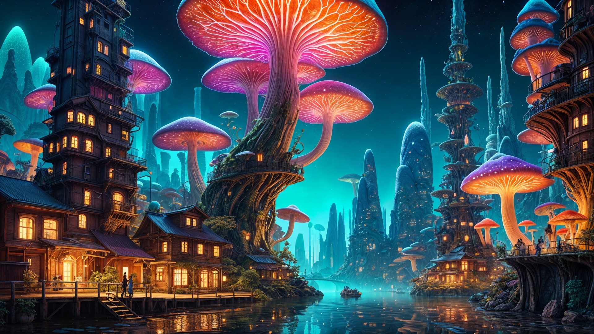 Fantastical Twilight Landscape with Luminescent Mushrooms