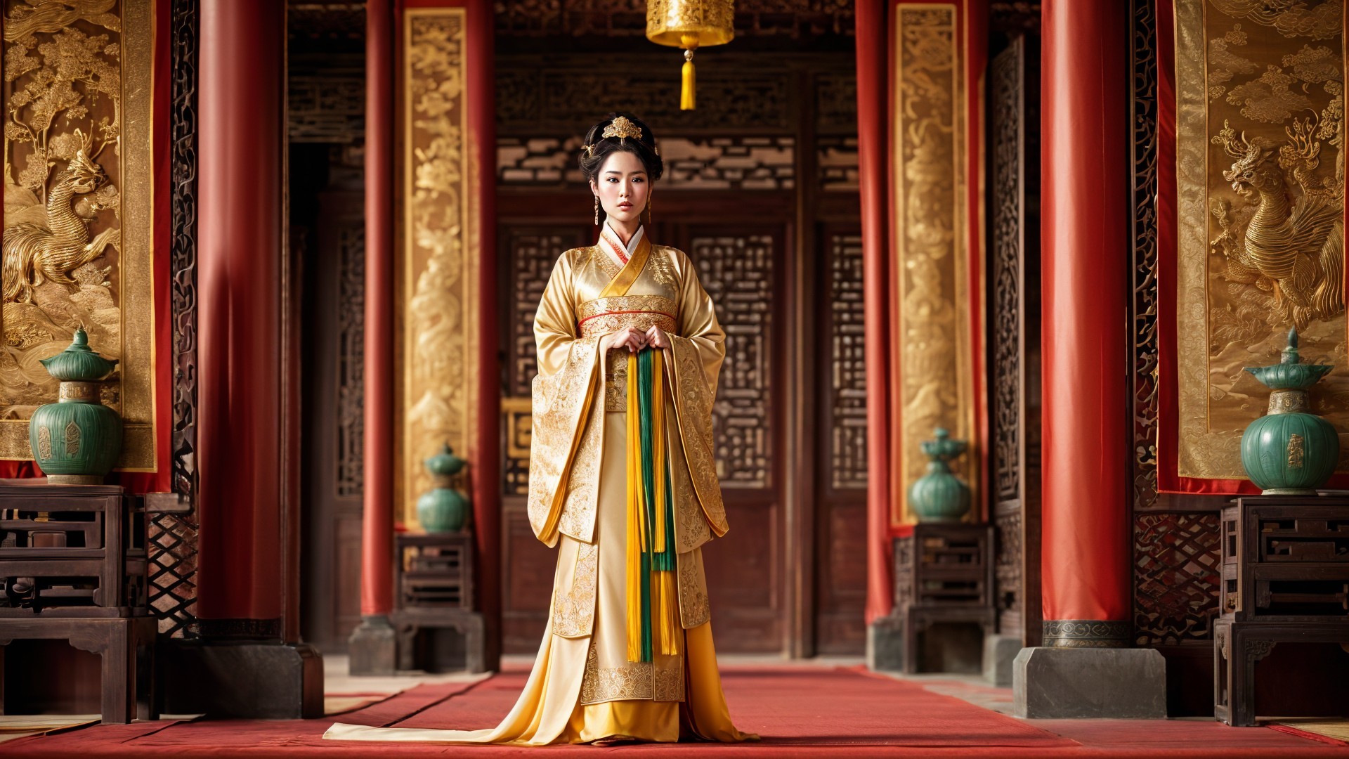 Traditional Yellow Hanfu in Ornate Chinese Interior