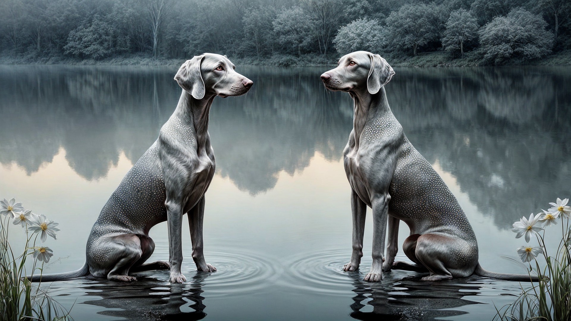 Elegant dogs in serene water with blooming flowers
